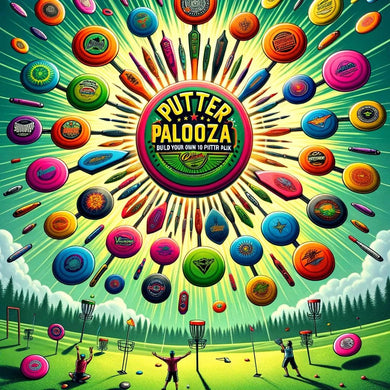 PutterPalooza disc golf event with colorful discs and players.
