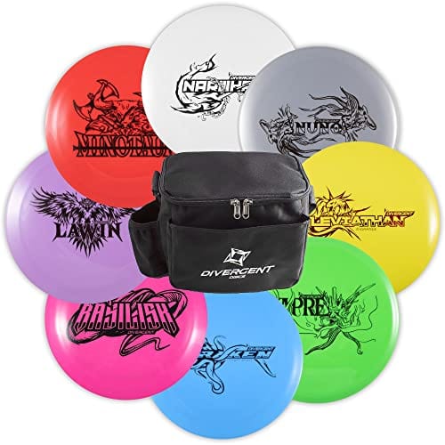 Disc golf set with bag and various colorful discs.