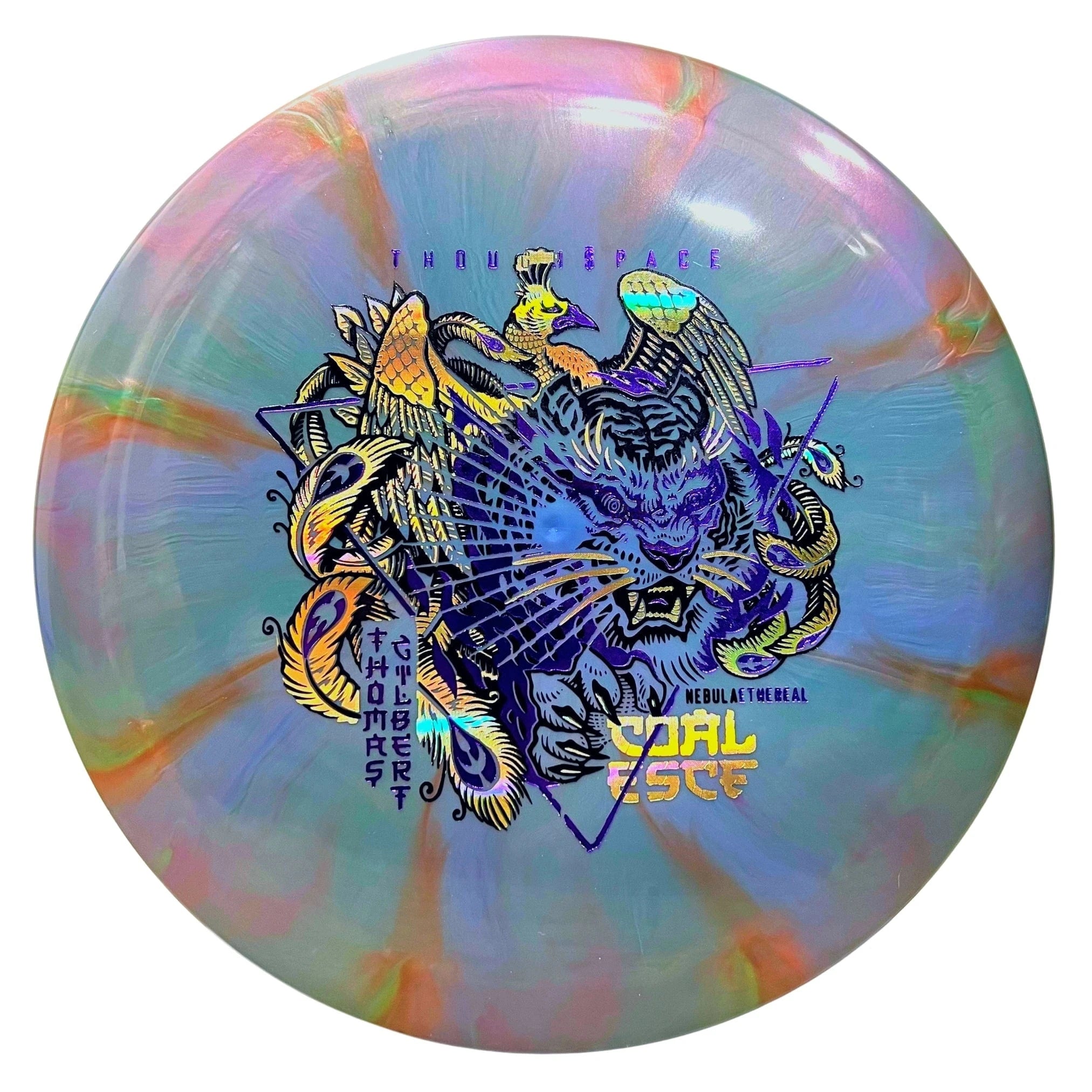 Disc golf disc with colorful tiger graphic.