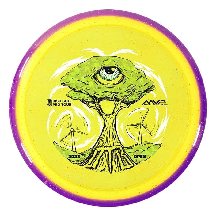 Yellow disc golf disc with tree illustration.