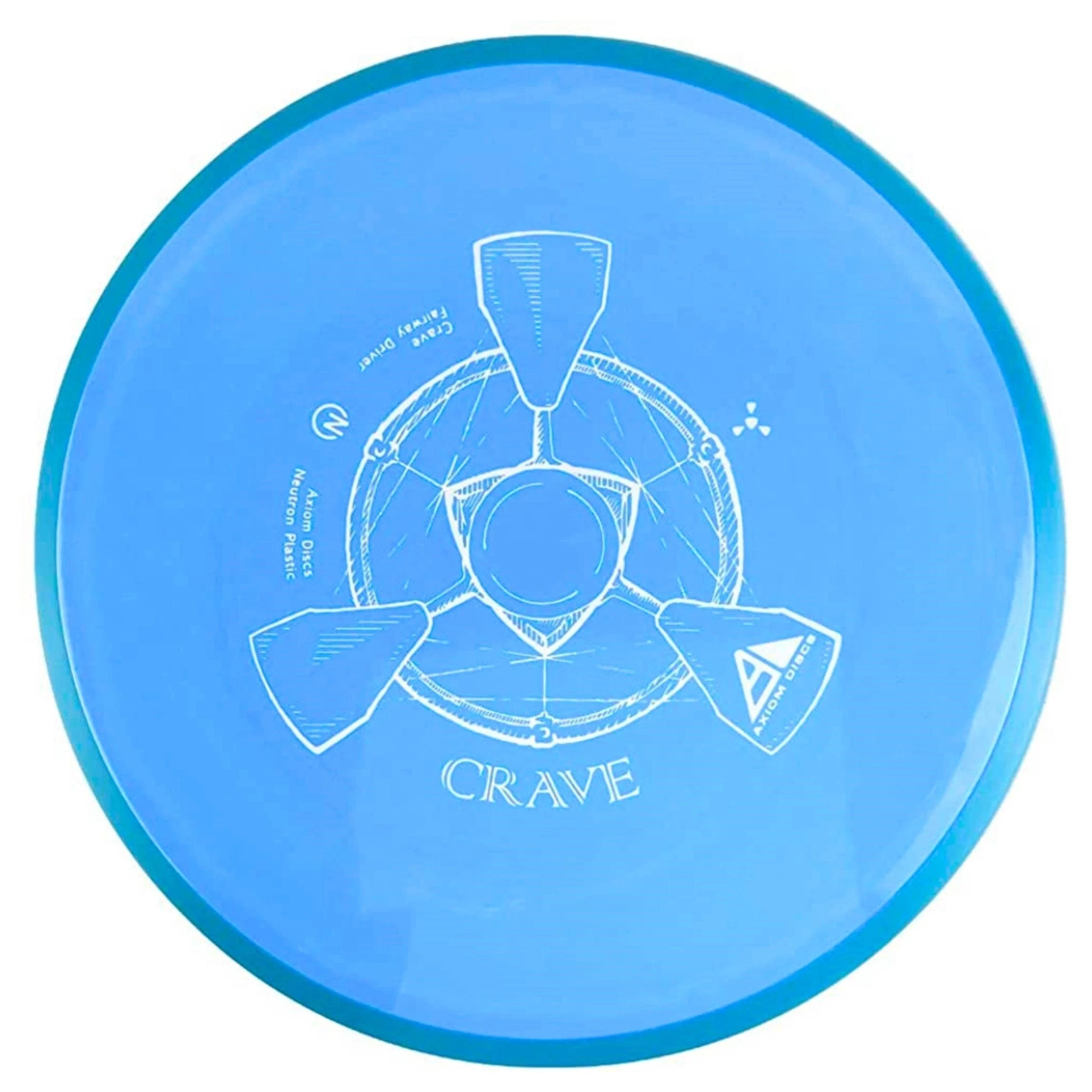 Blue disc golf disc with white design.