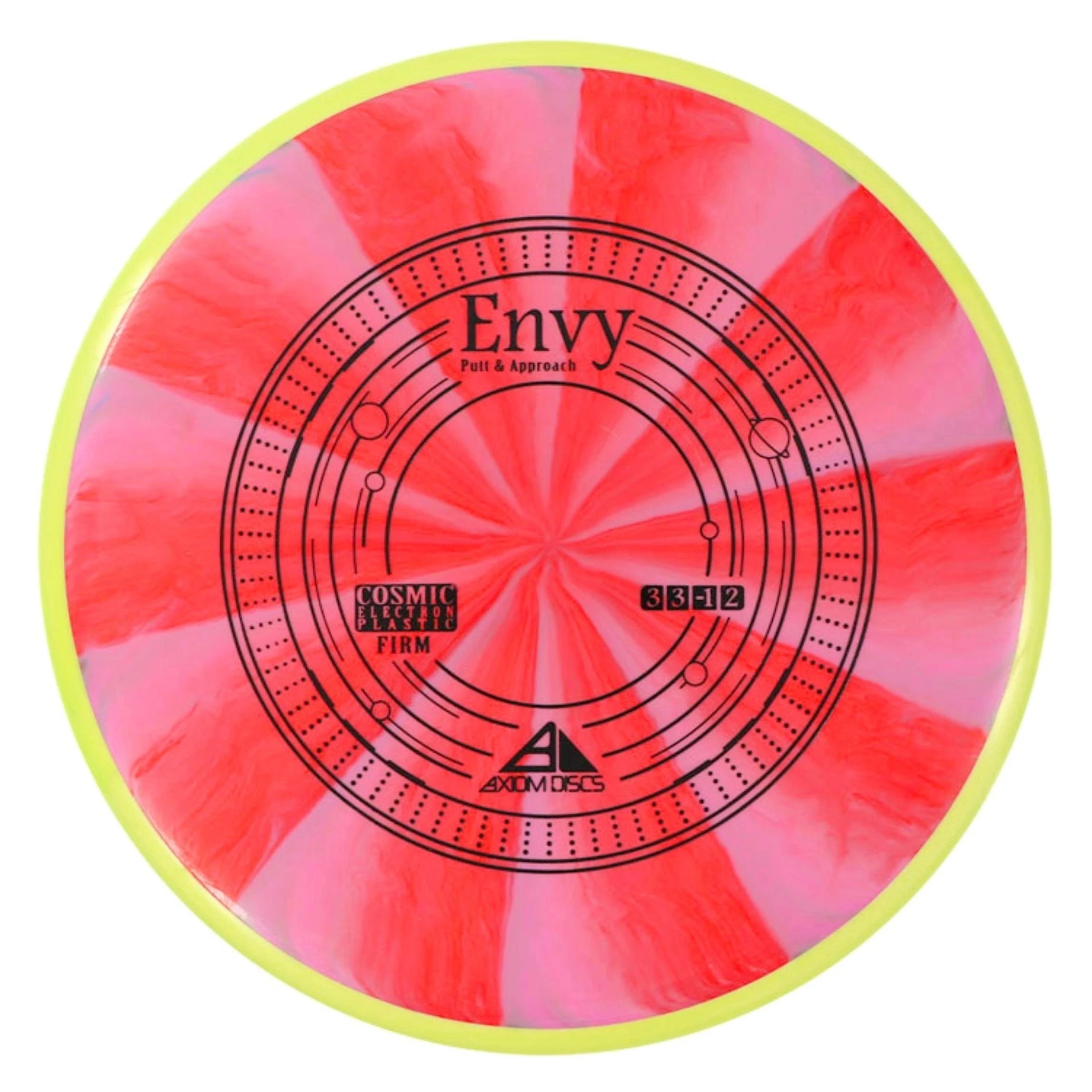 Pink and red swirl disc with yellow rim.
