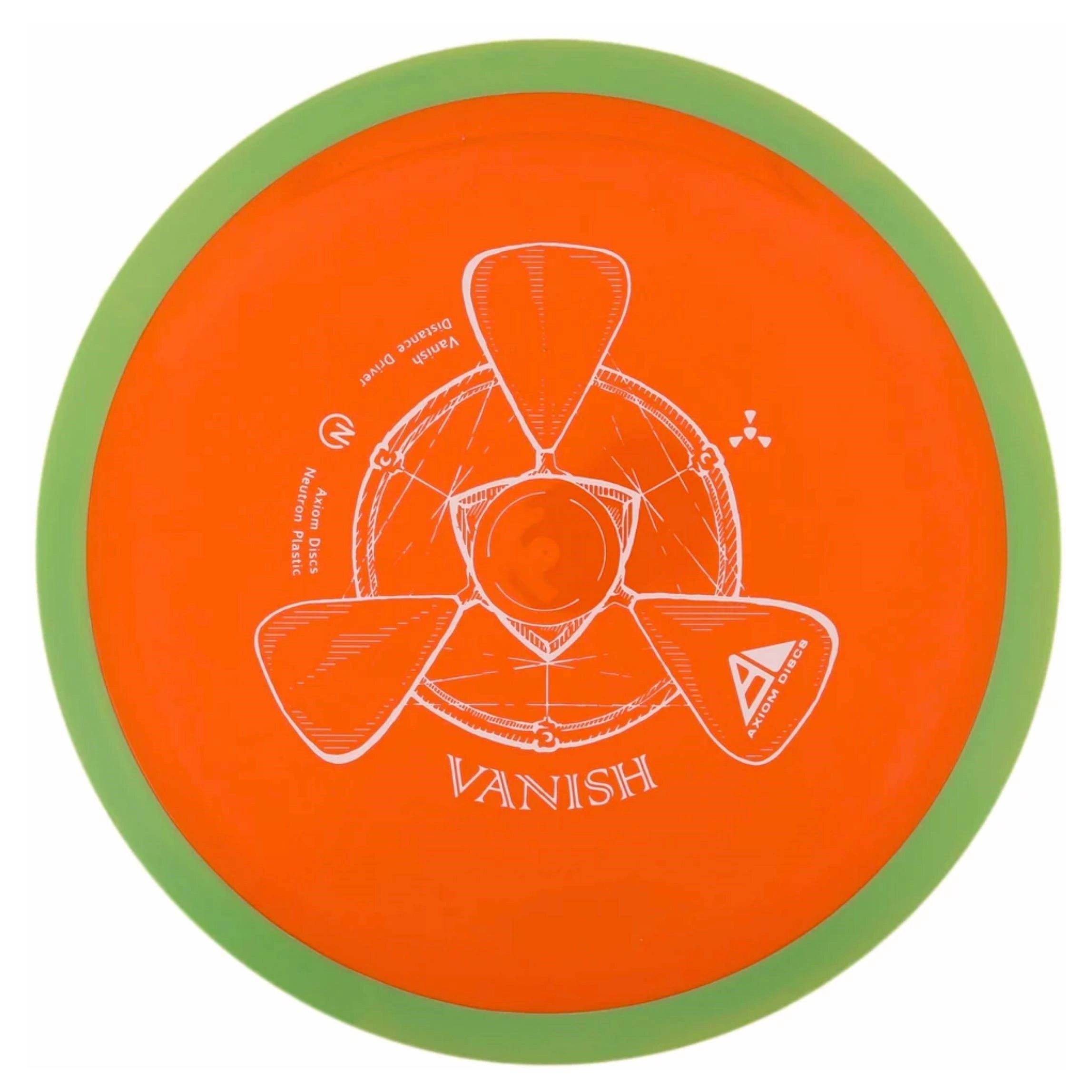 Orange and green disc with white design.