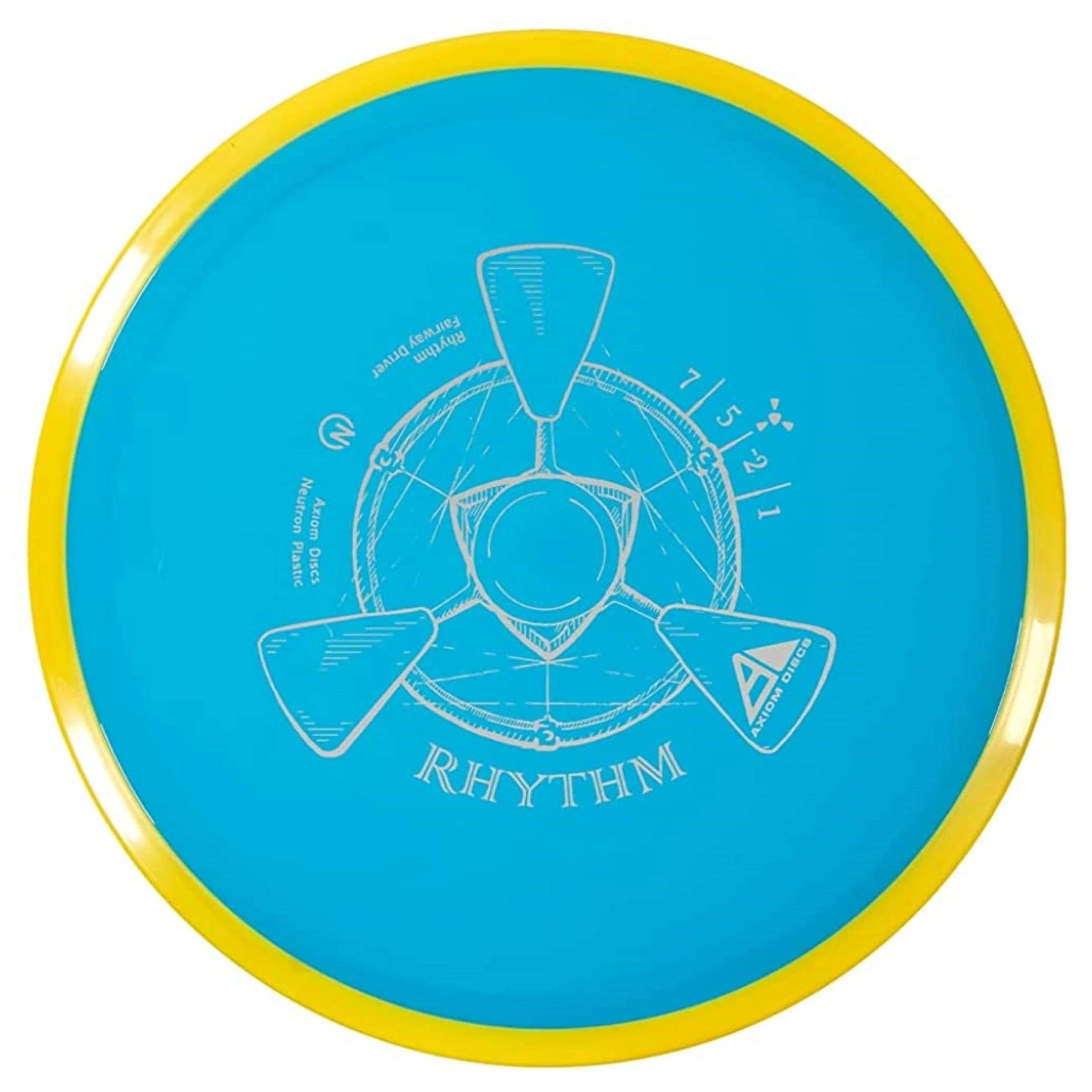 Blue and yellow disc golf disc with graphic.