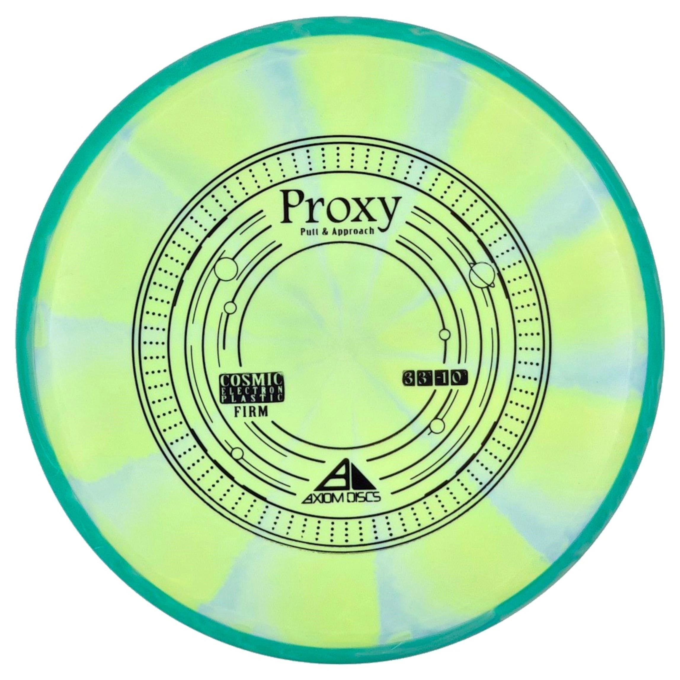 Yellow and green disc golf disc with text.