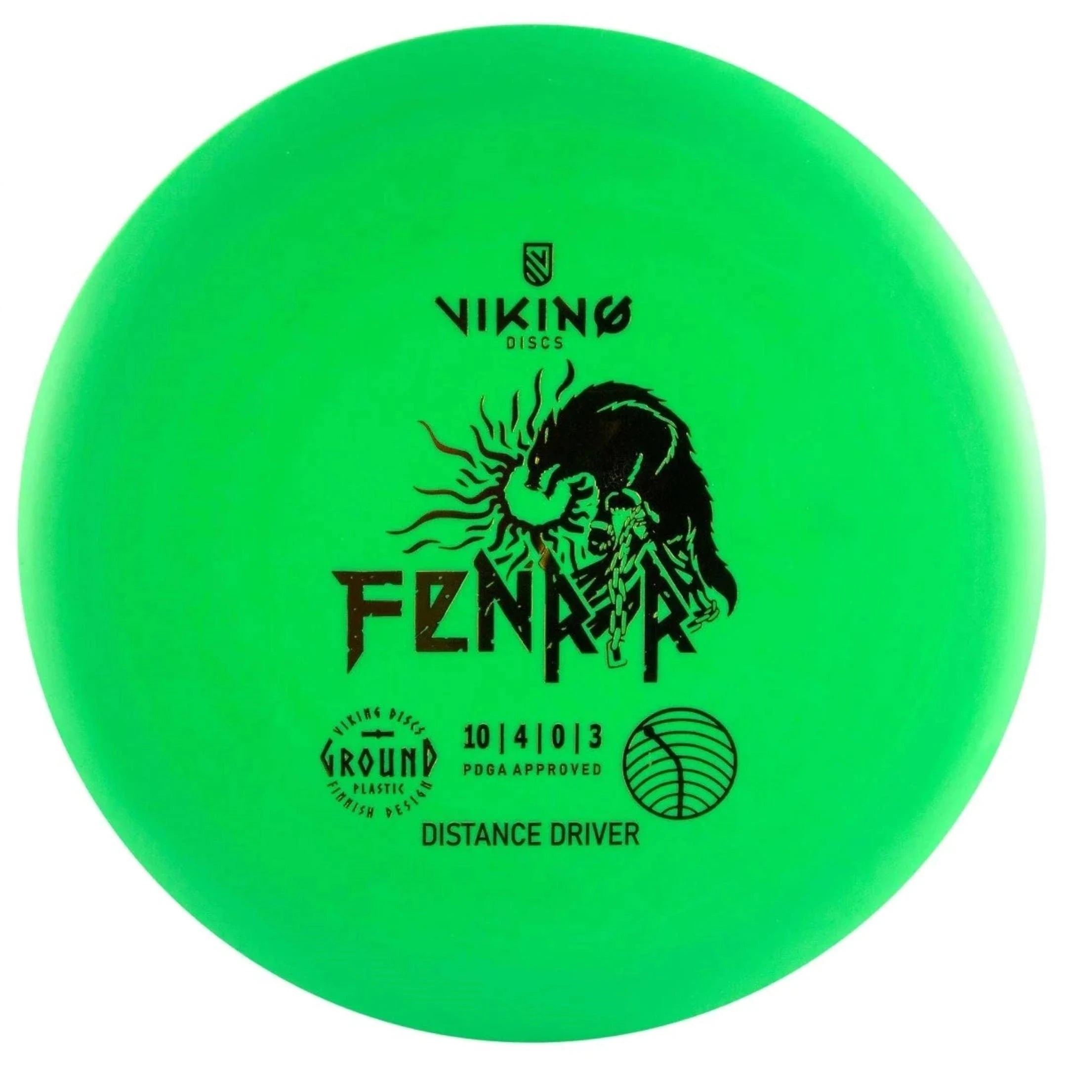 Green disc golf disc with black graphic.