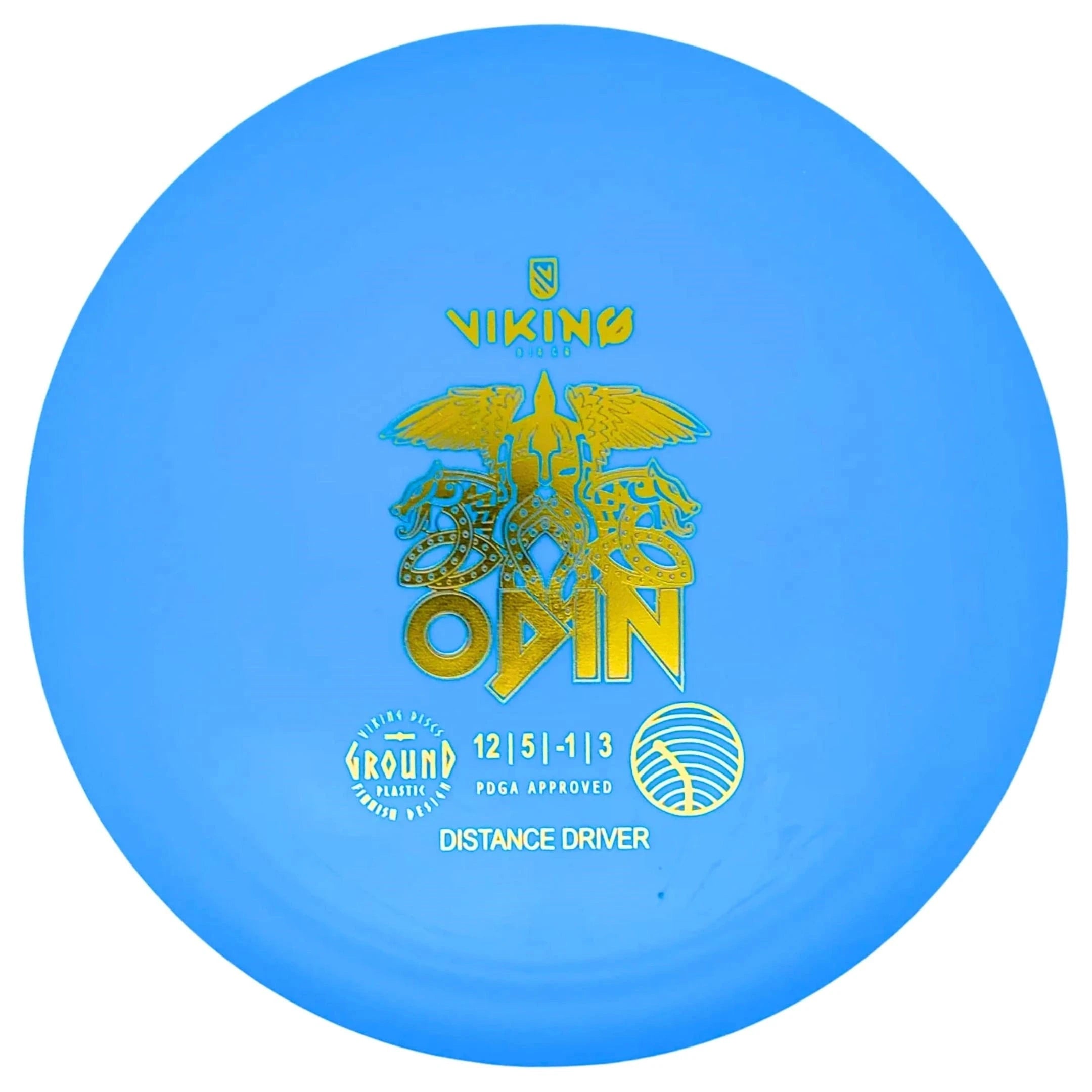 Blue disc golf disc with gold graphic.