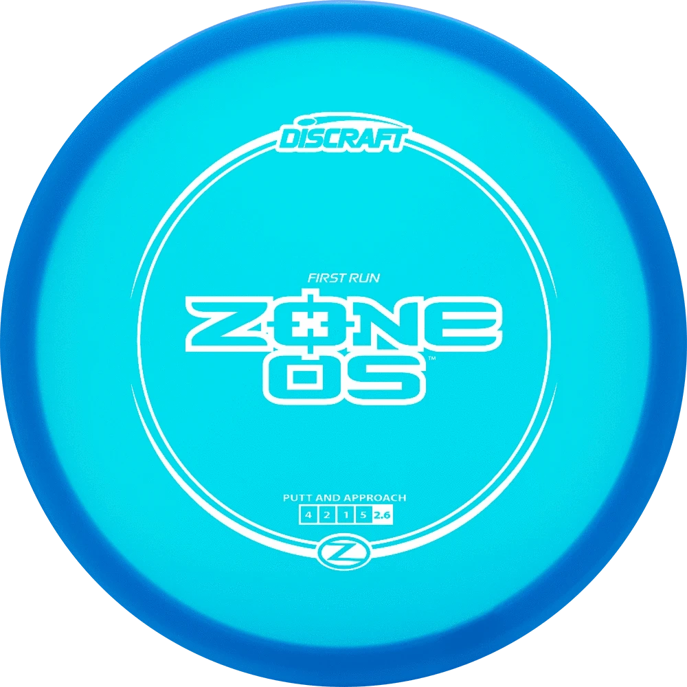 Blue disc golf disc with white text.