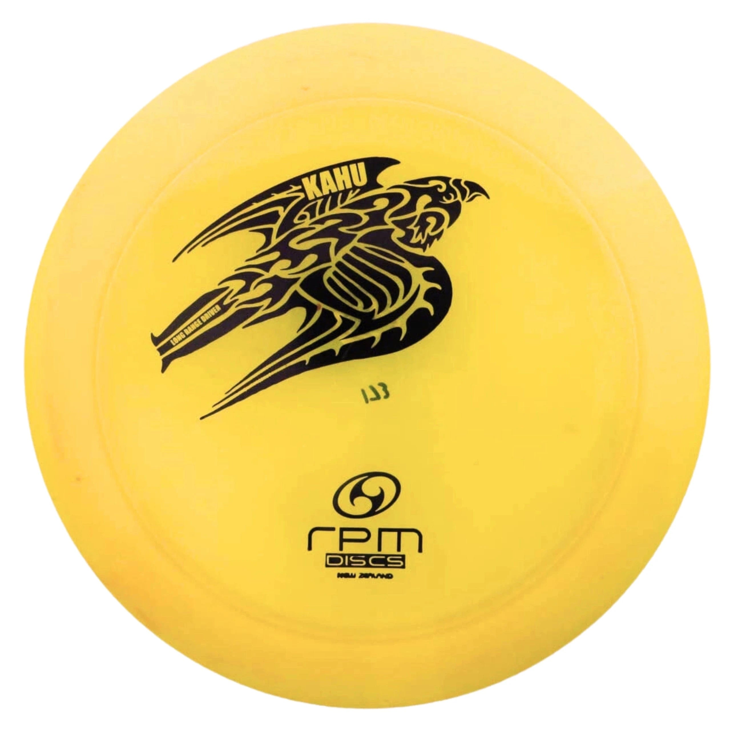 Yellow disc with a black falcon design.