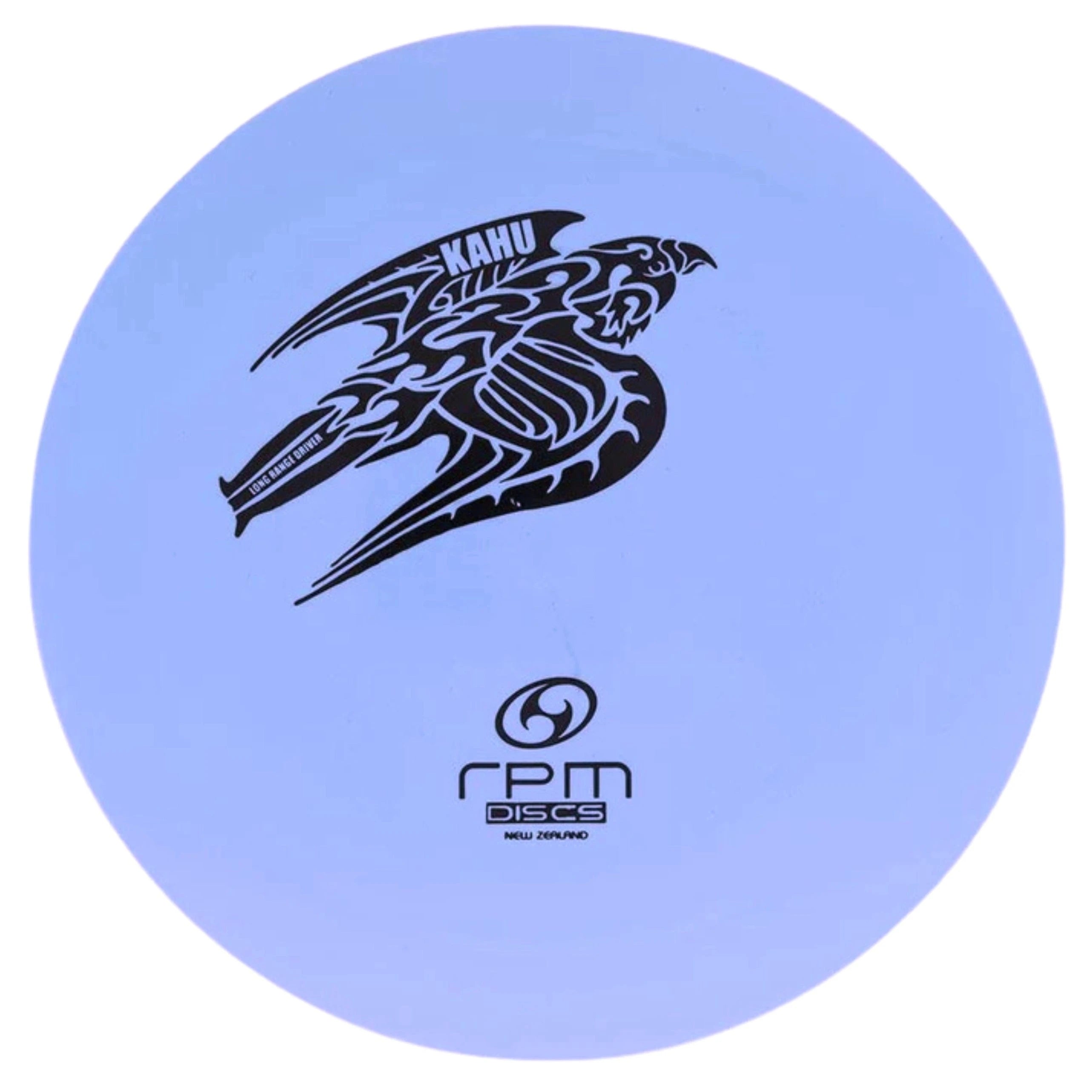 Blue disc with bird graphic.