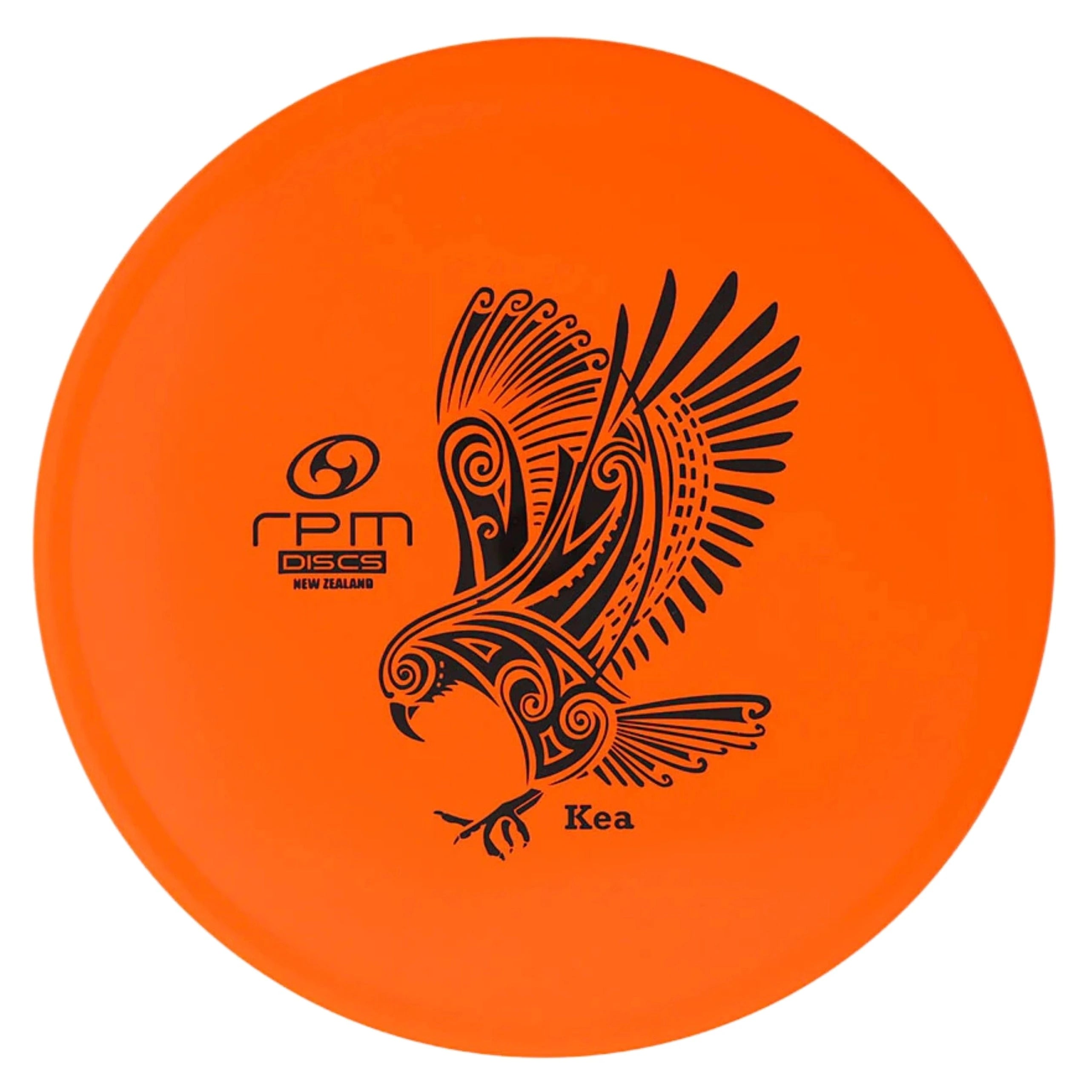 Orange disc golf disc with a bird design.