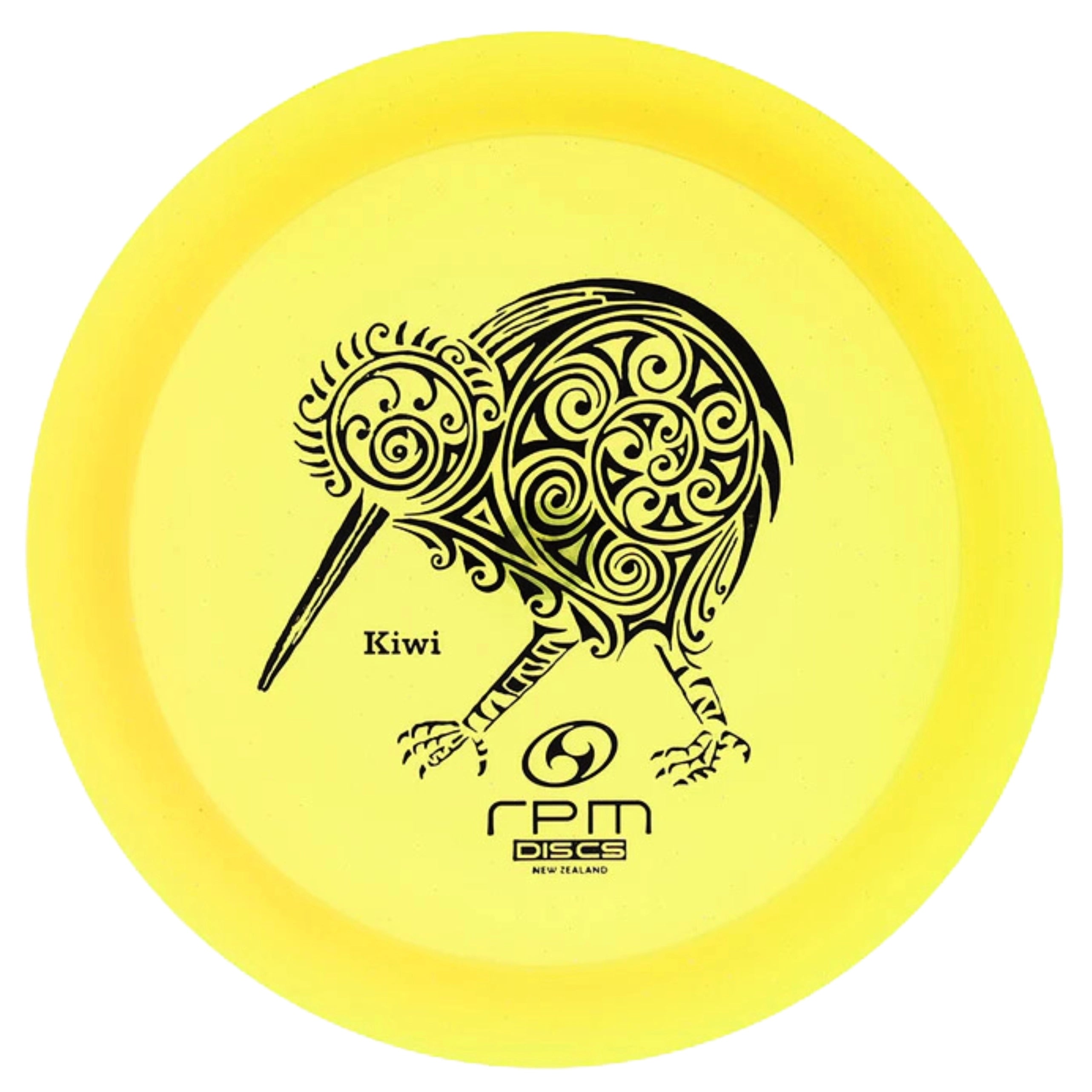 Yellow disc with kiwi bird design.