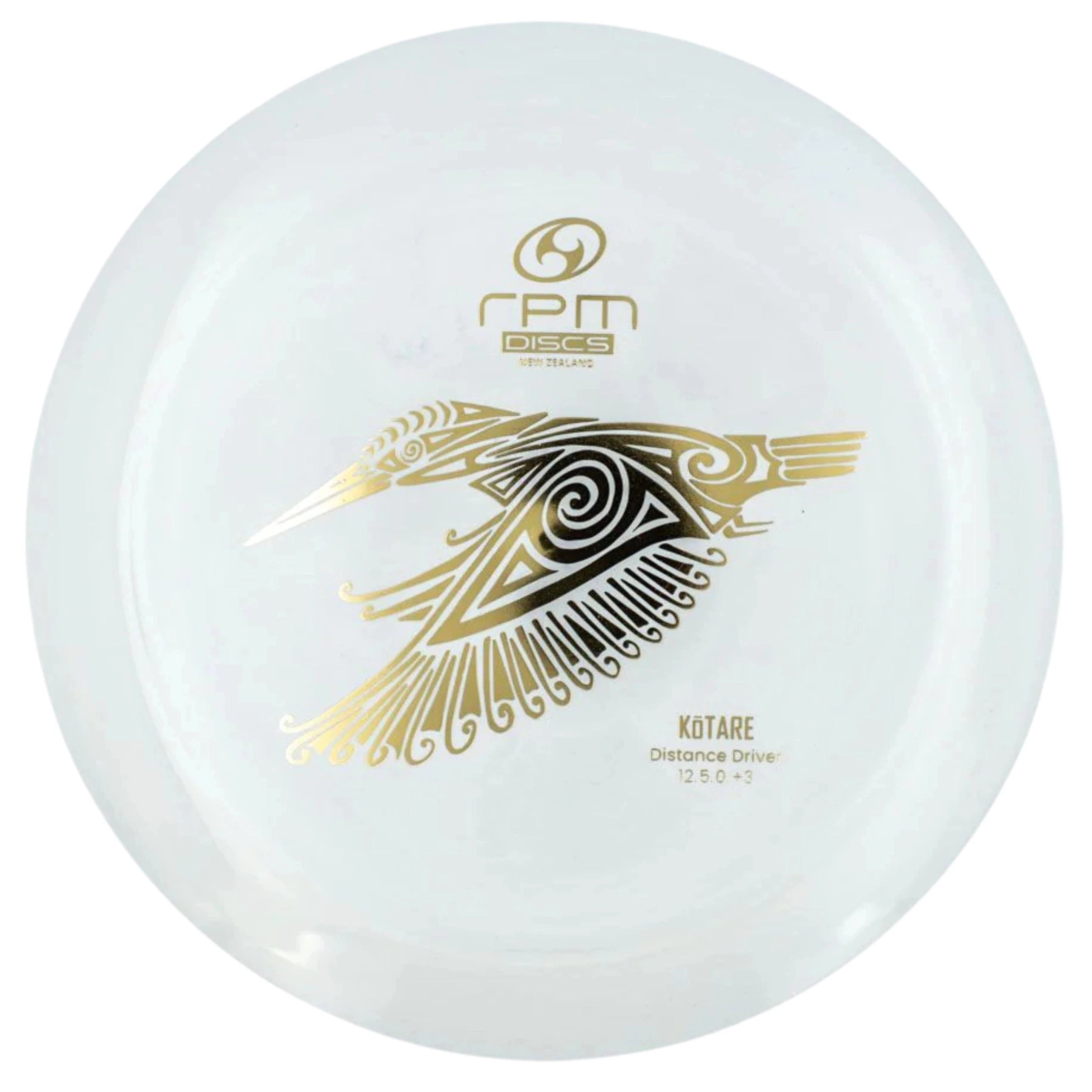 White disc golf disc with gold bird design.