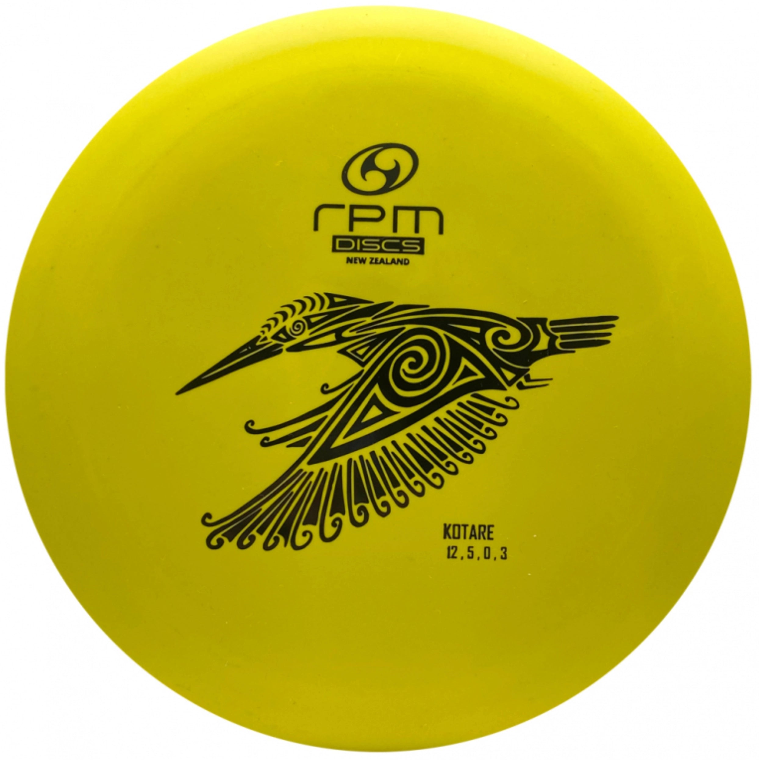 Yellow disc with black bird design.