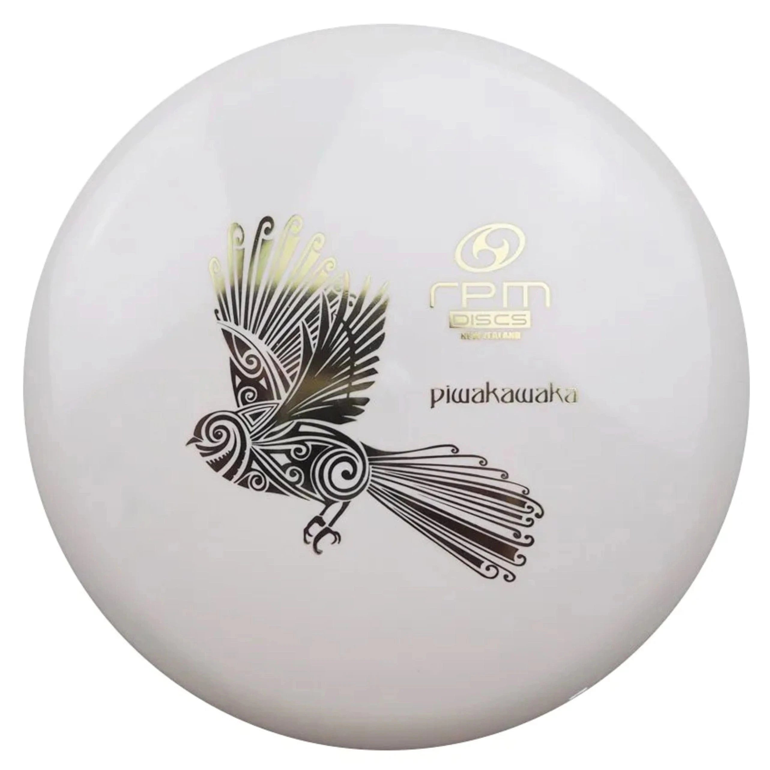 White disc golf disc with bird graphic.