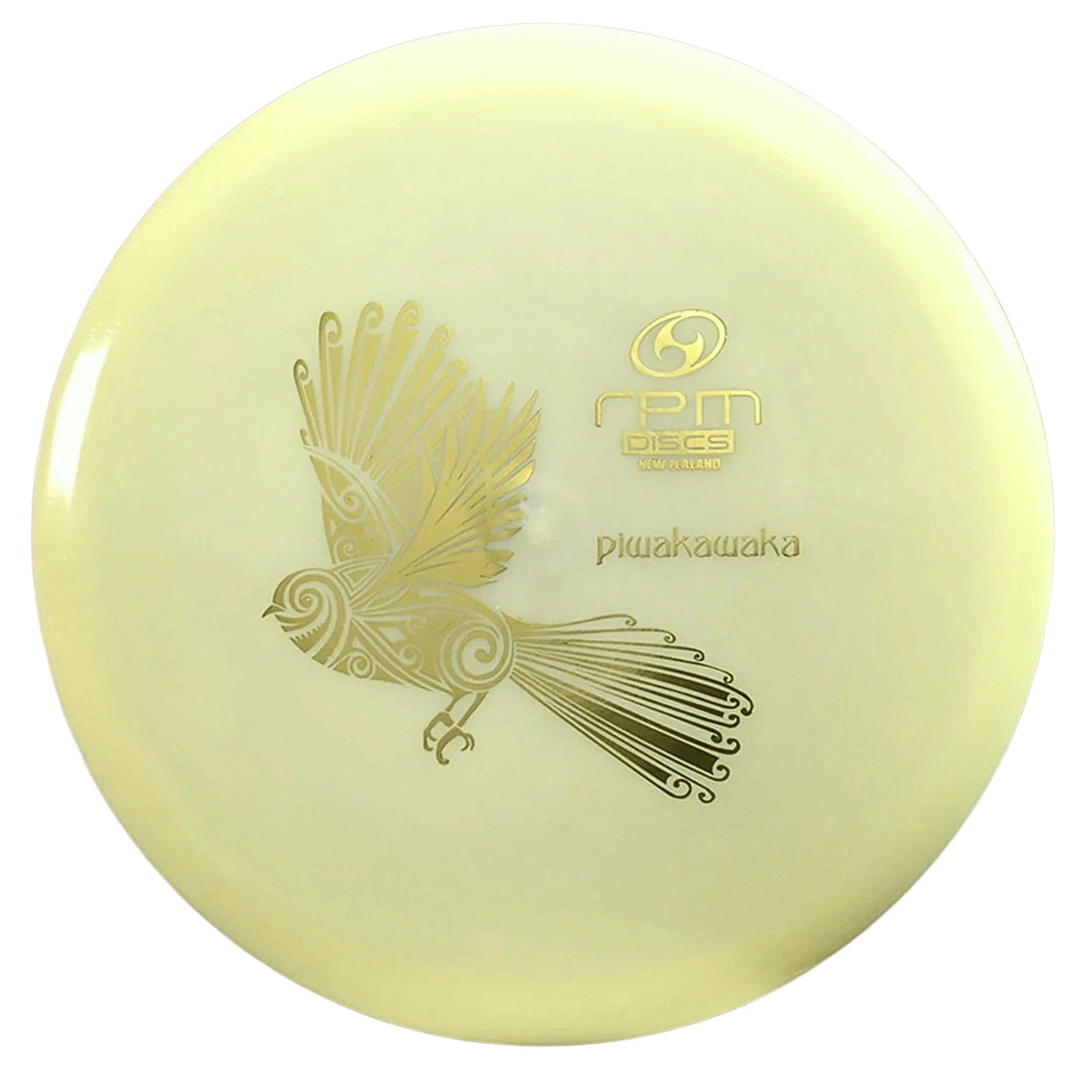 Yellow disc golf disc with bird design.