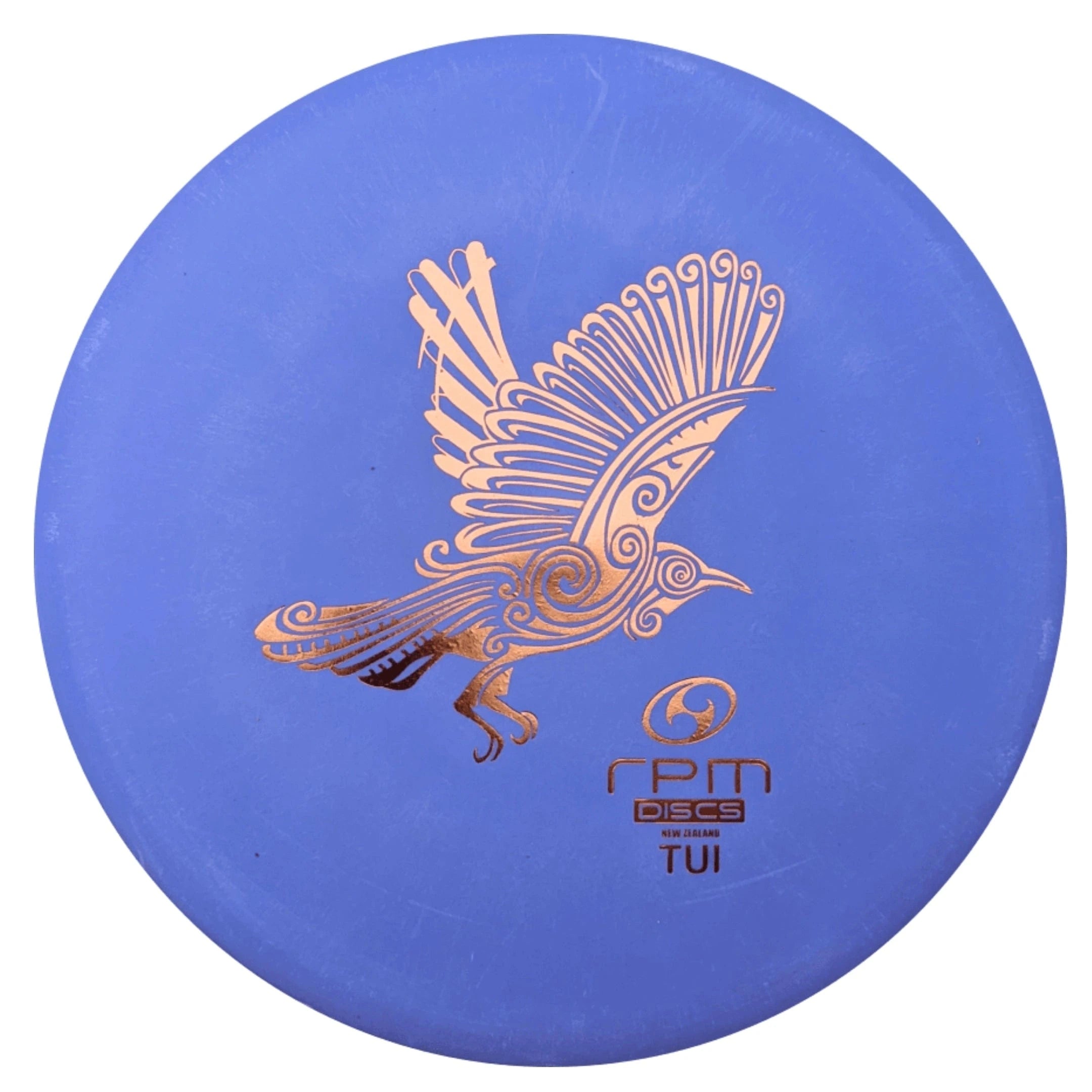 Blue disc with gold bird graphic.