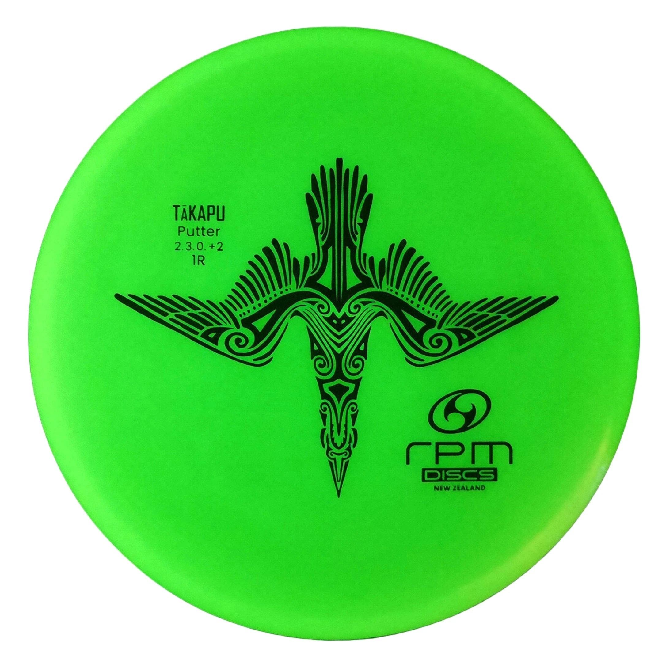 Green disc golf disc with black design.