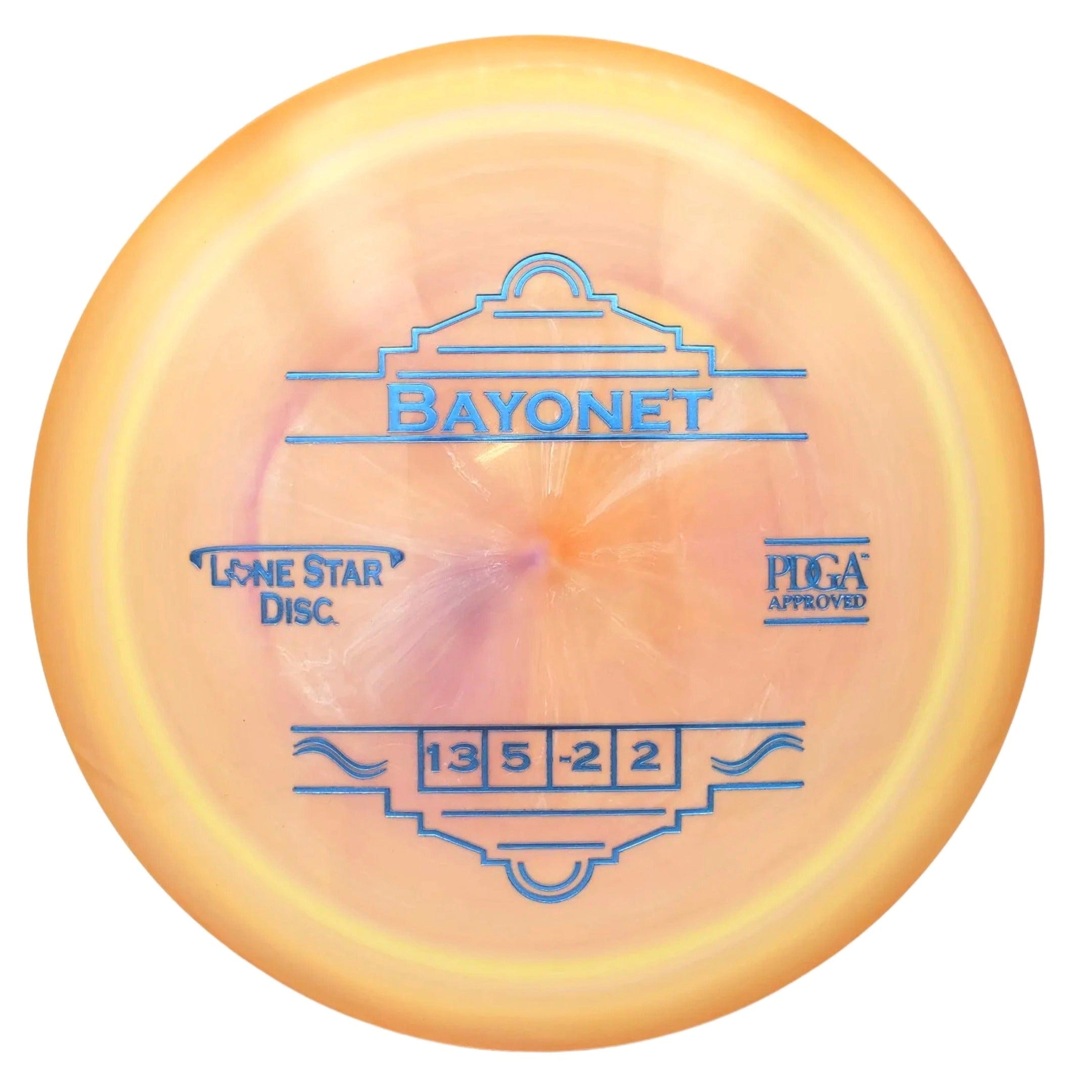 Orange disc golf disc with blue text.