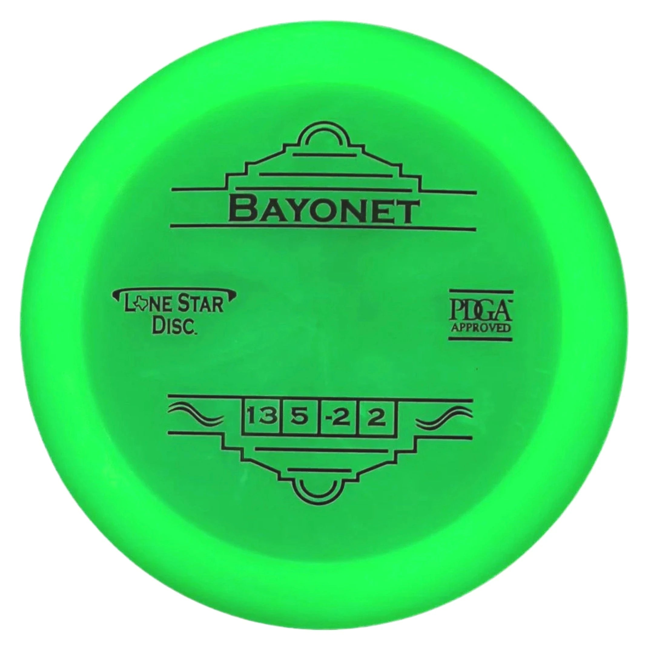 Green disc golf disc with BAYONET text.