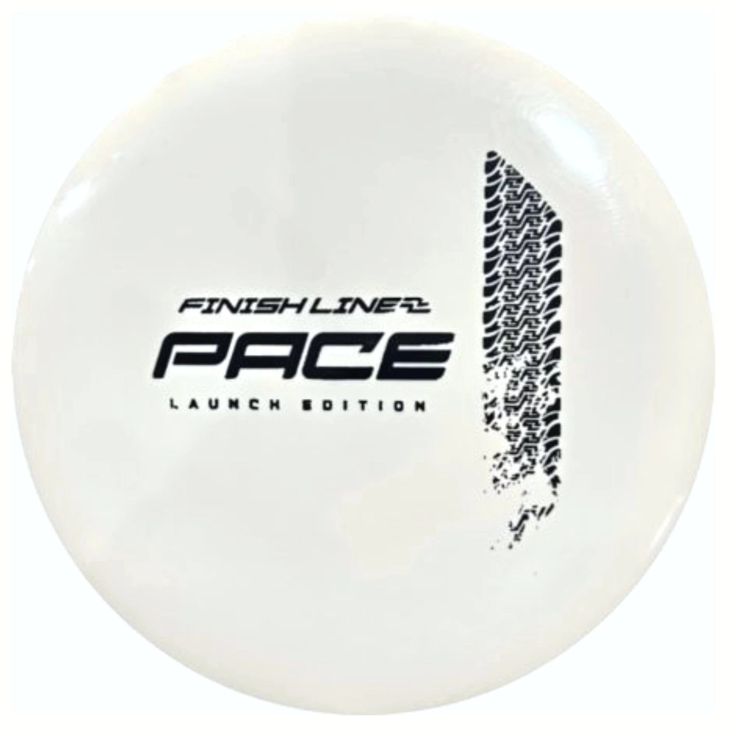 White disc golf disc with black text and tire tread graphic.