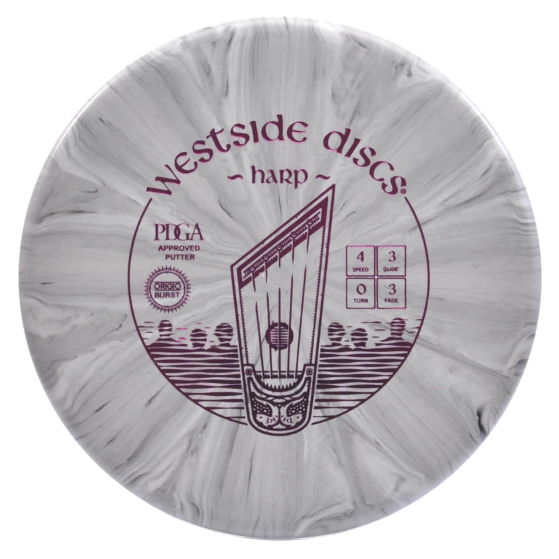 Disc golf disc with marbled gray and white pattern.