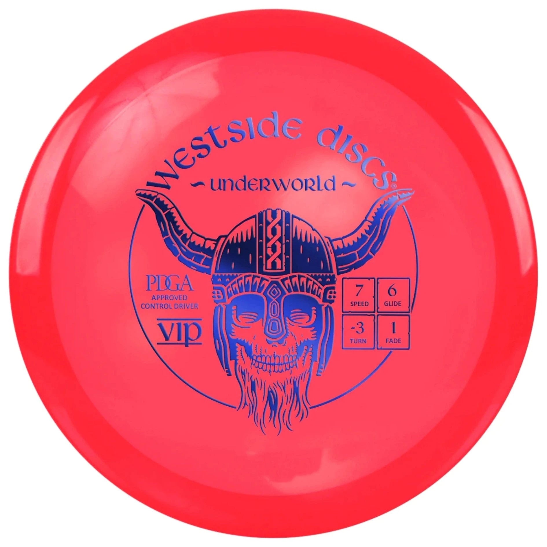 Red disc golf disc with viking graphic.