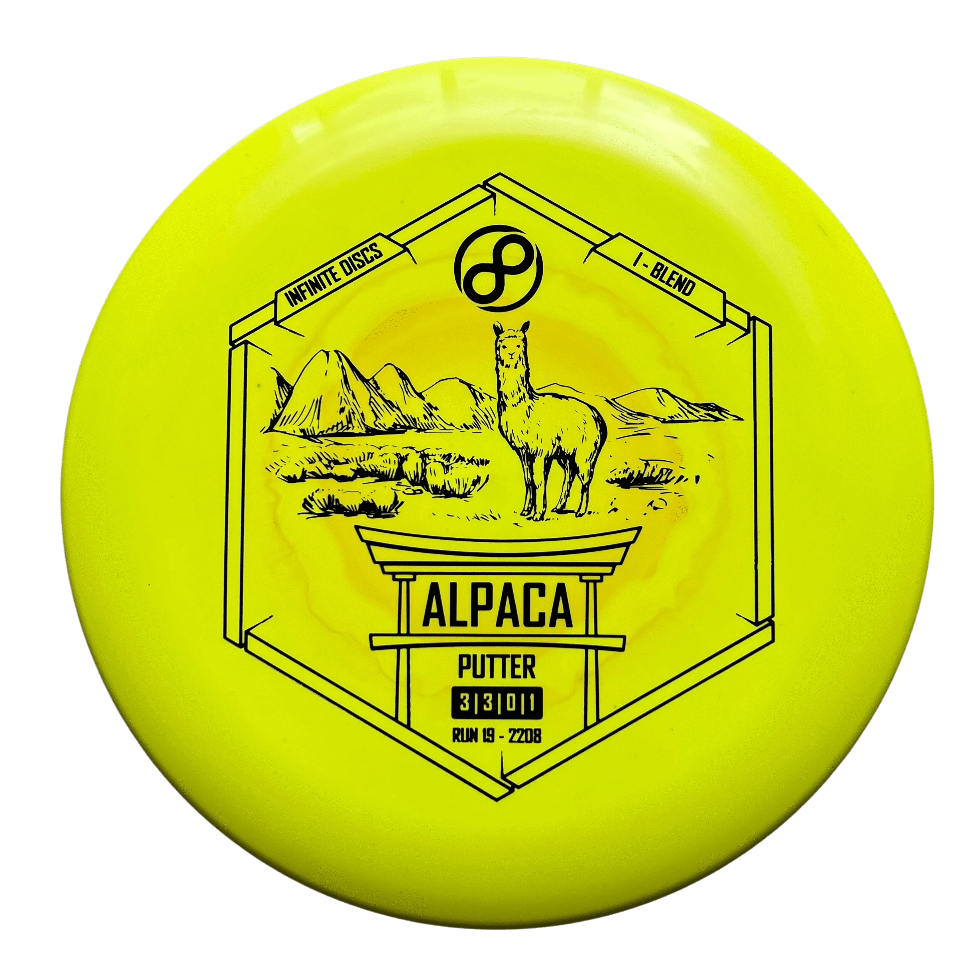 Yellow disc golf disc with alpaca design.