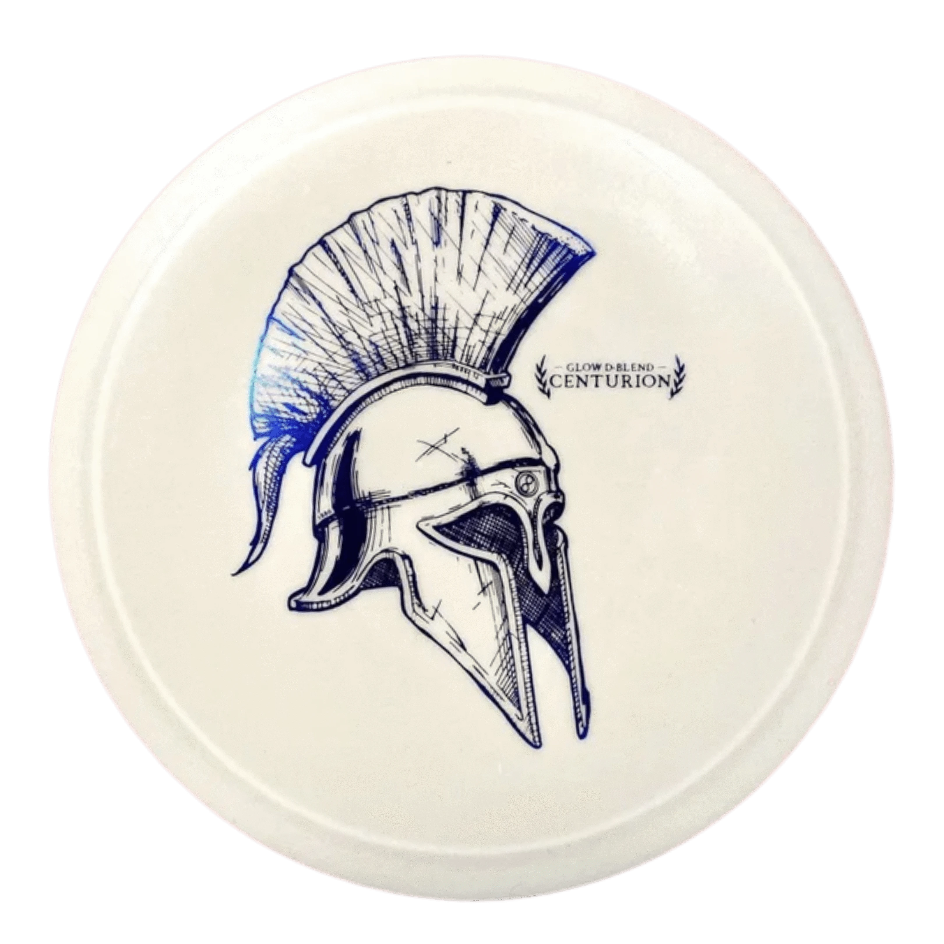 White disc golf disc with Spartan helmet illustration.