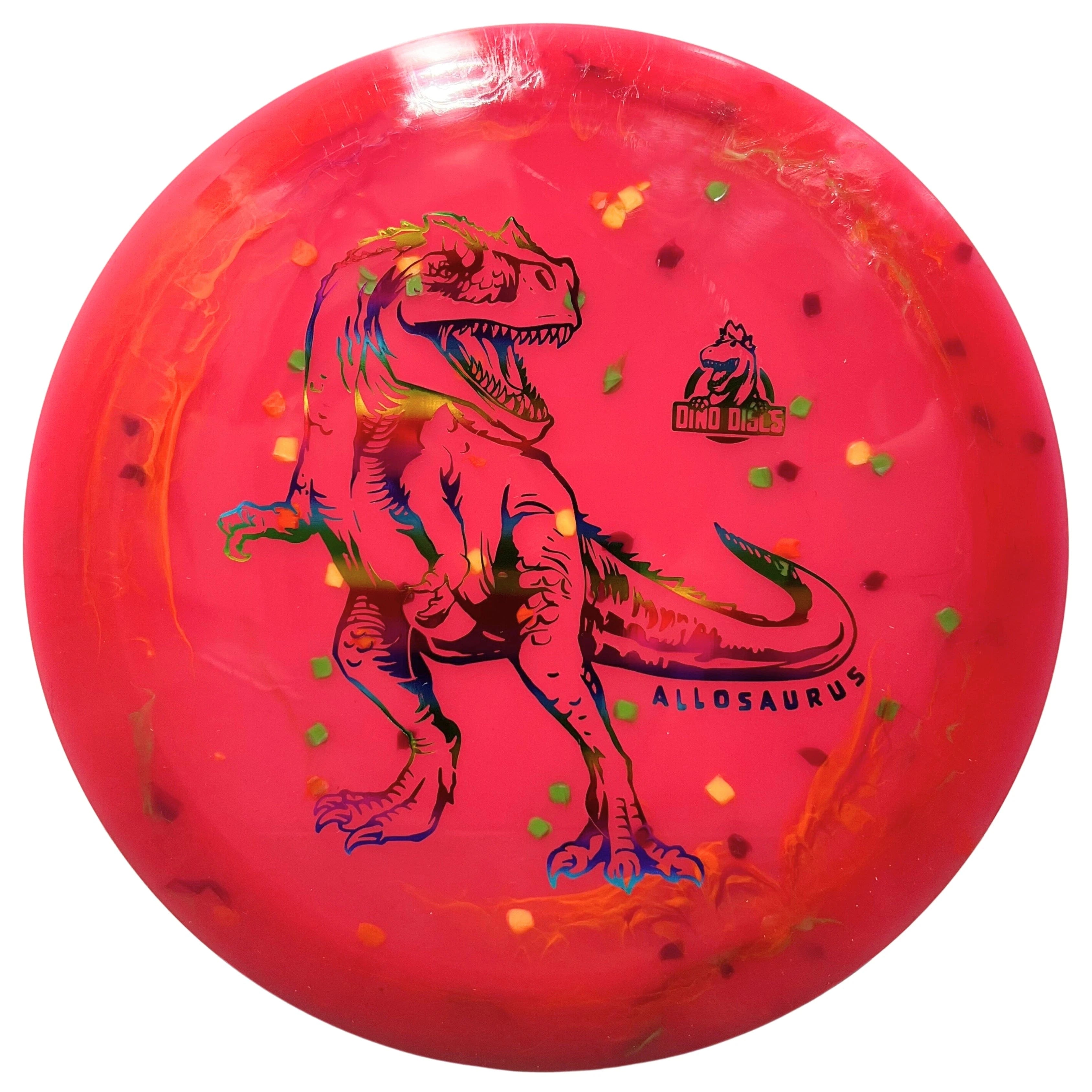 Pink disc golf disc with a dinosaur graphic.