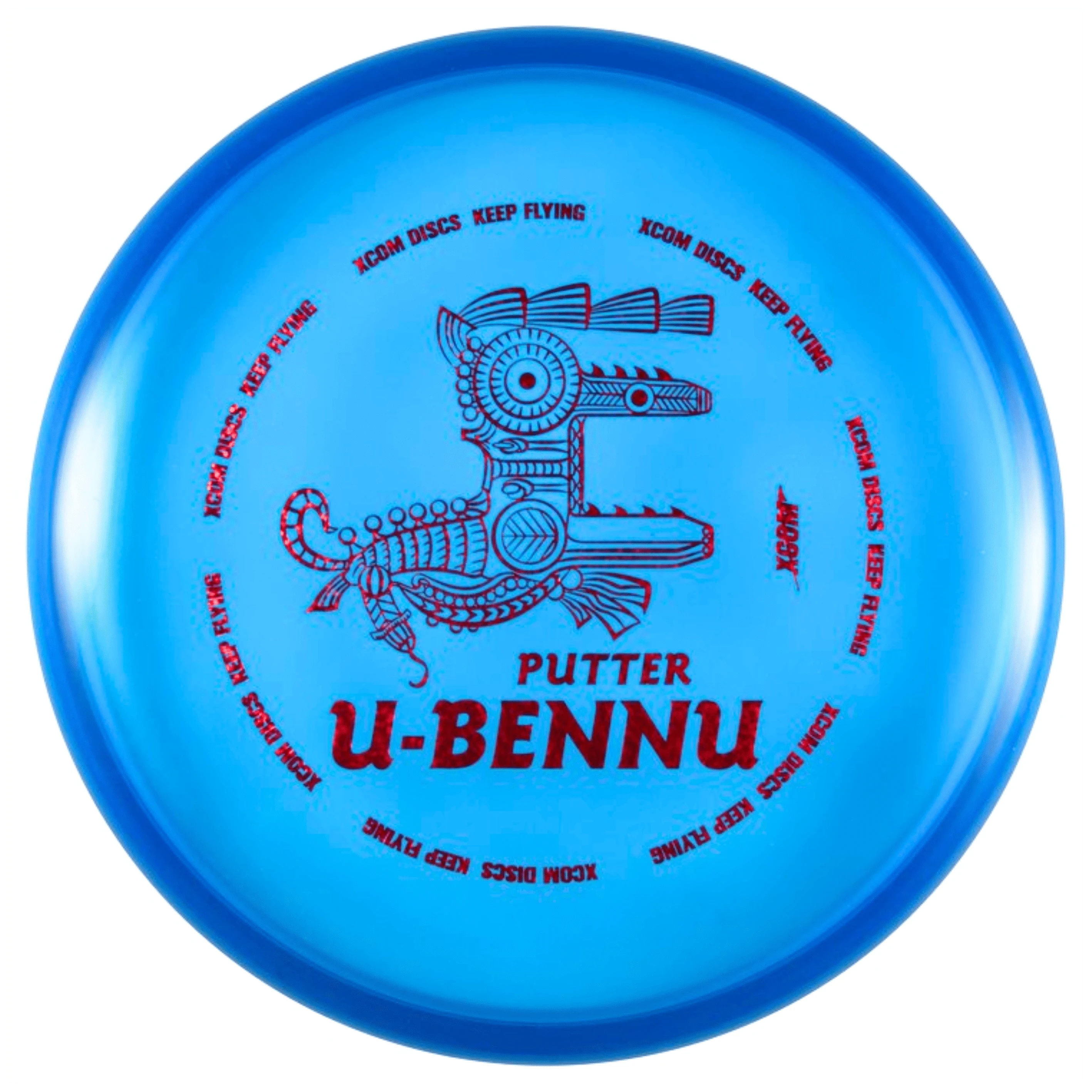 Blue disc golf disc with red design and text.