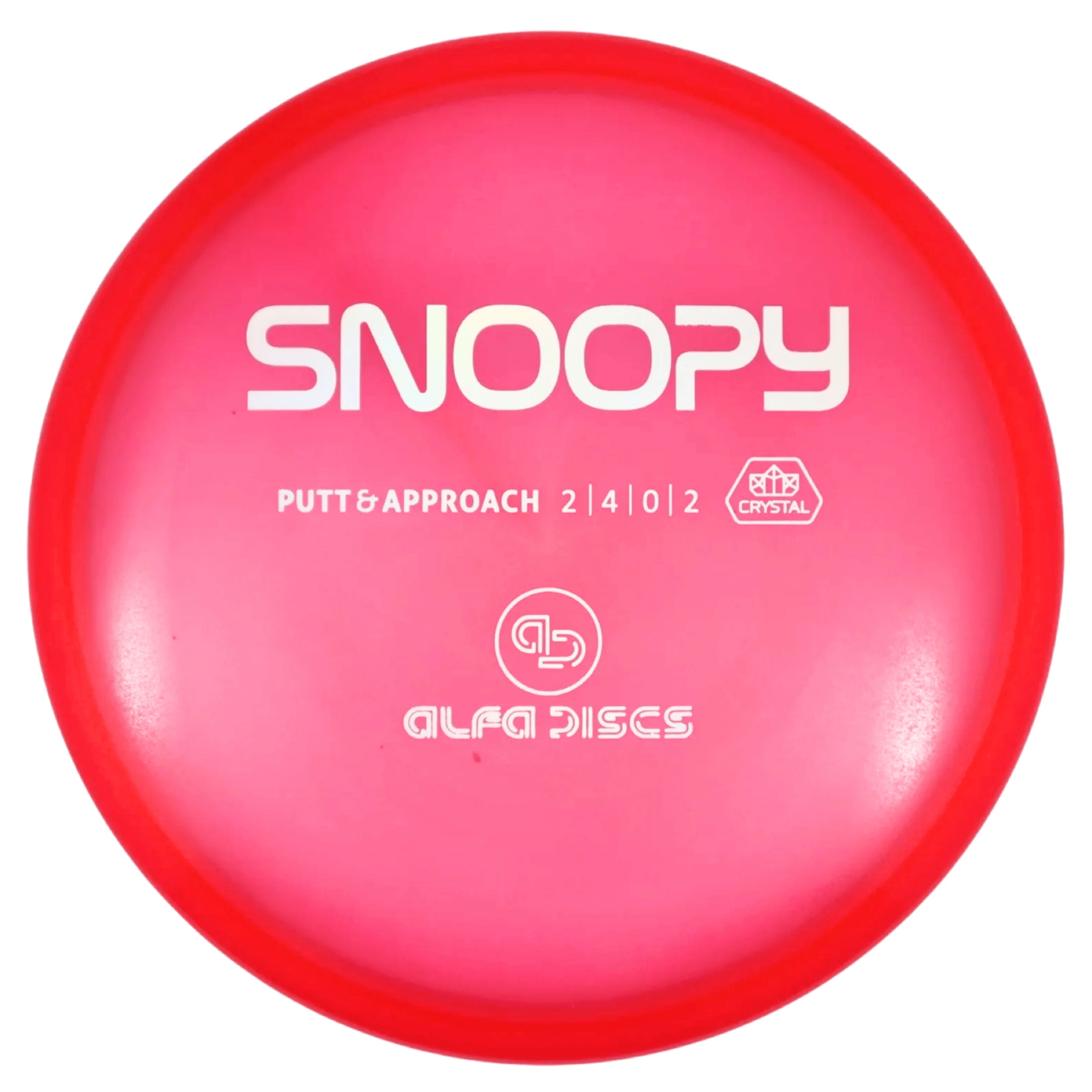 Pink and red disc golf disc with Snoopy text.