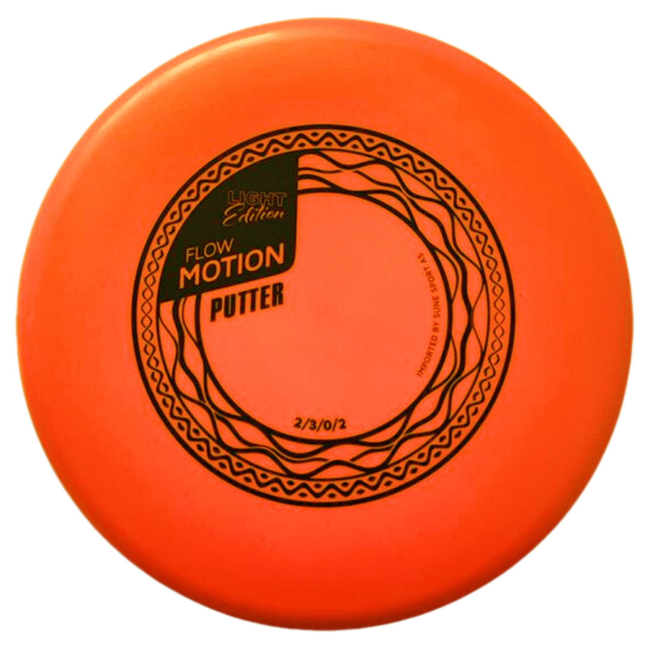 Orange disc golf putter with black design.