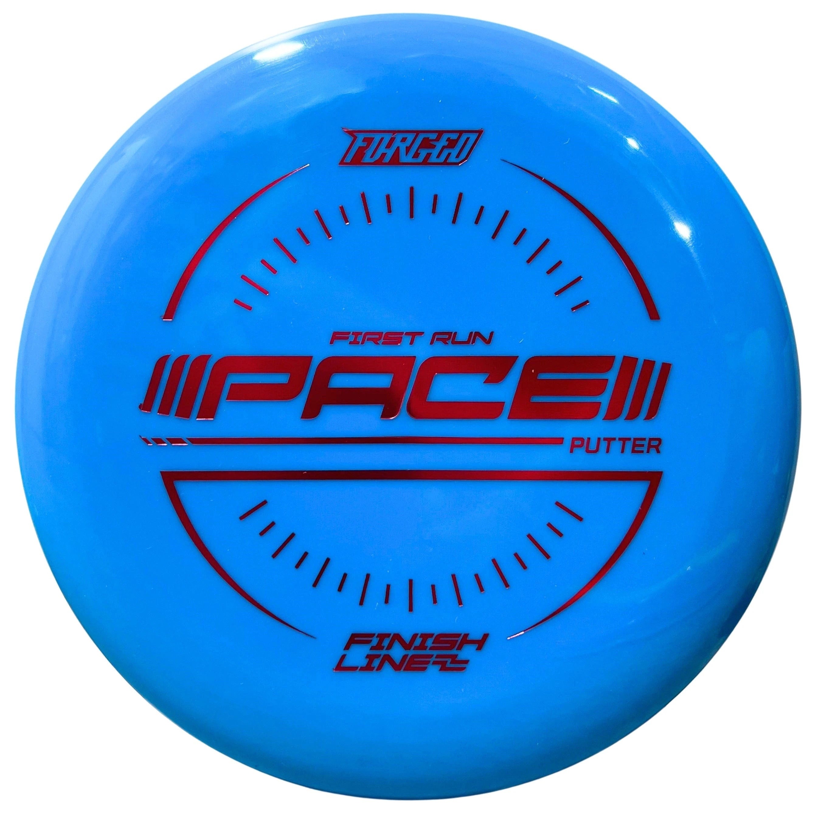 Blue disc golf putter with red text.