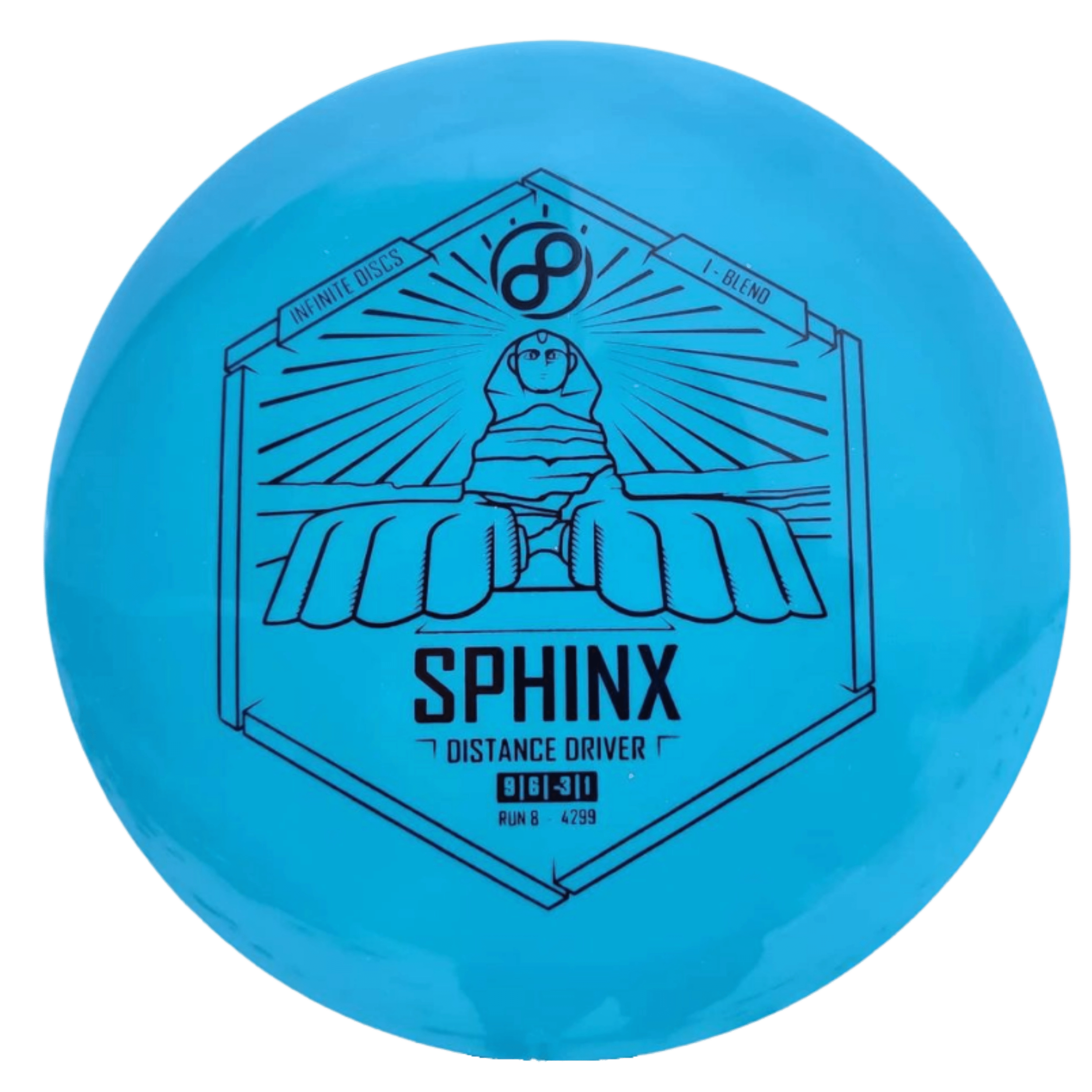 Blue disc golf disc with Sphinx graphic.