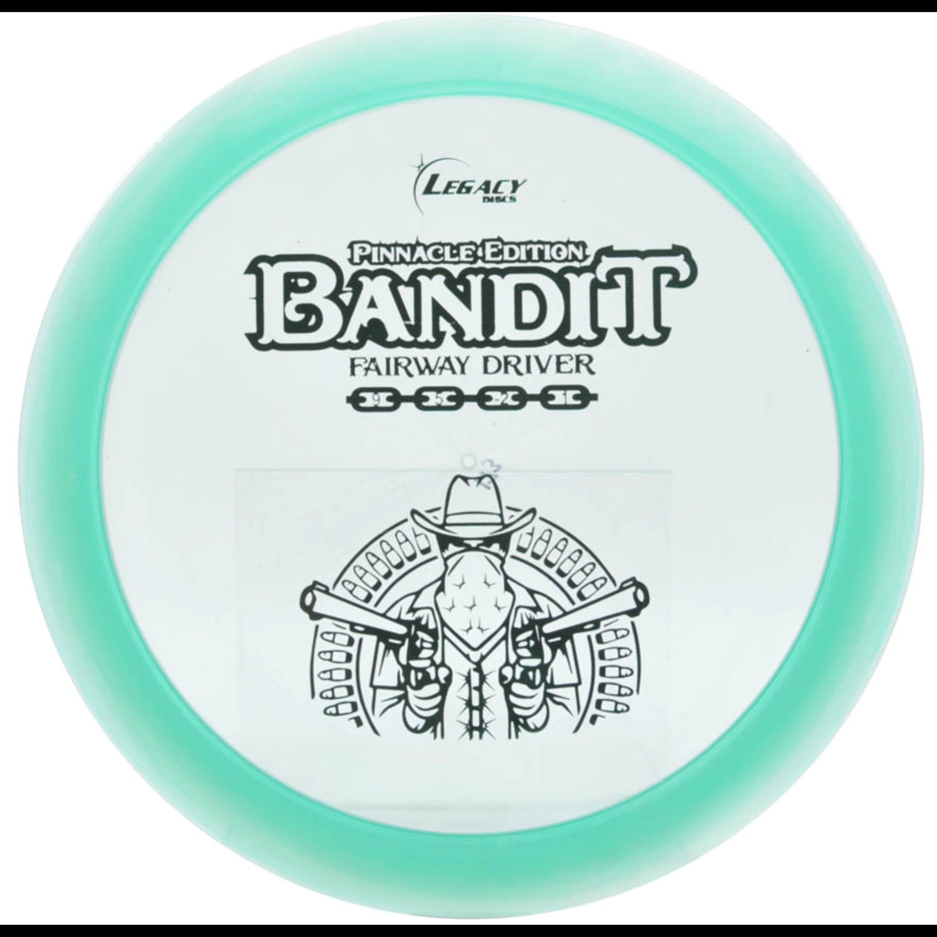Green and white disc golf disc with bandit graphic.