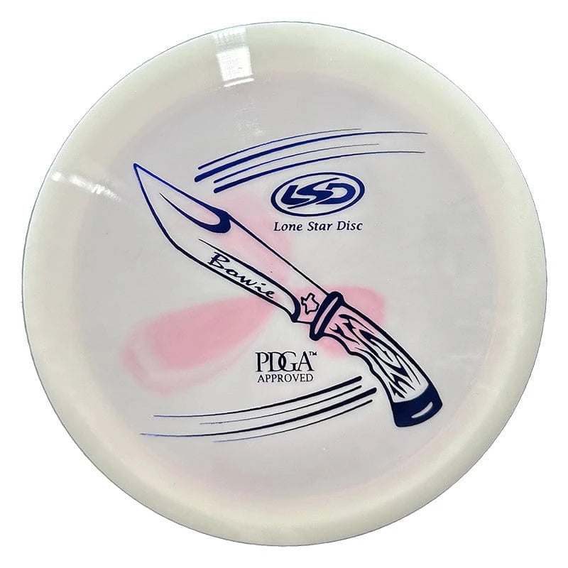 White disc golf disc with knife graphic.