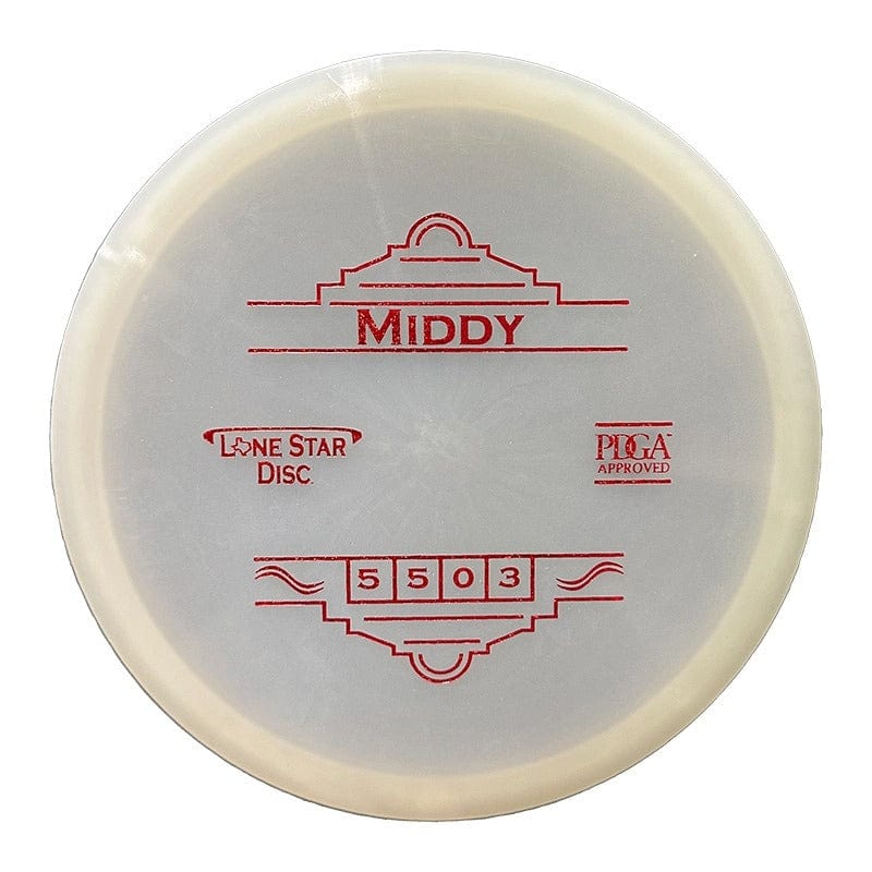 White disc golf disc with red text.