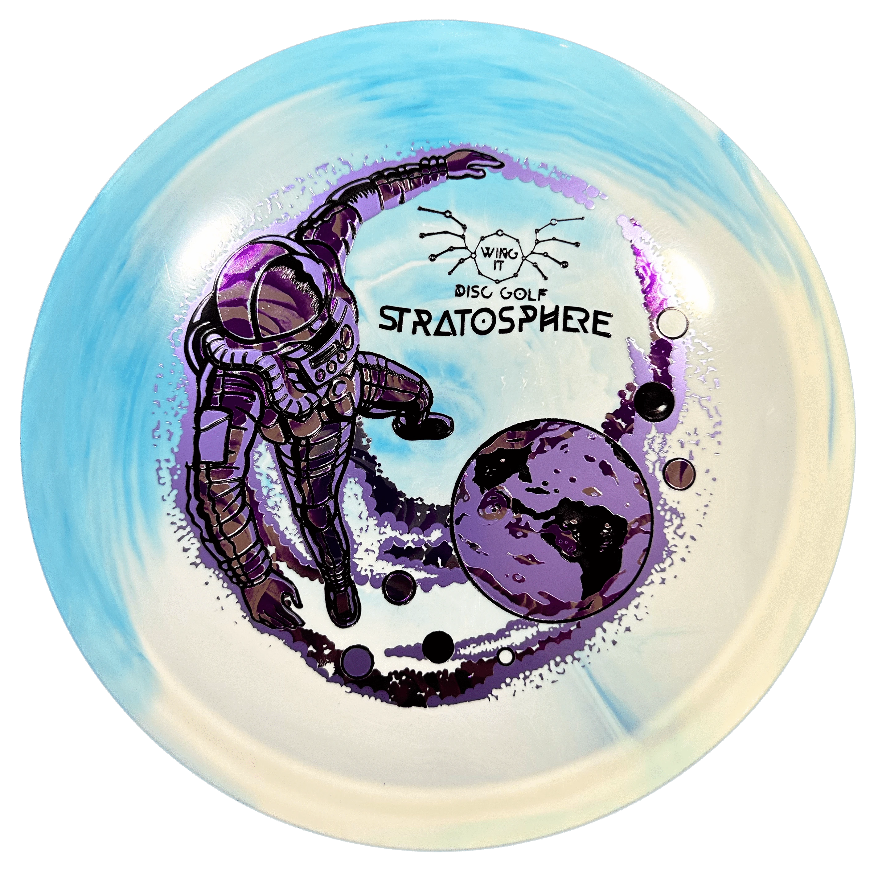 Disc golf disc with astronaut and planet graphic.