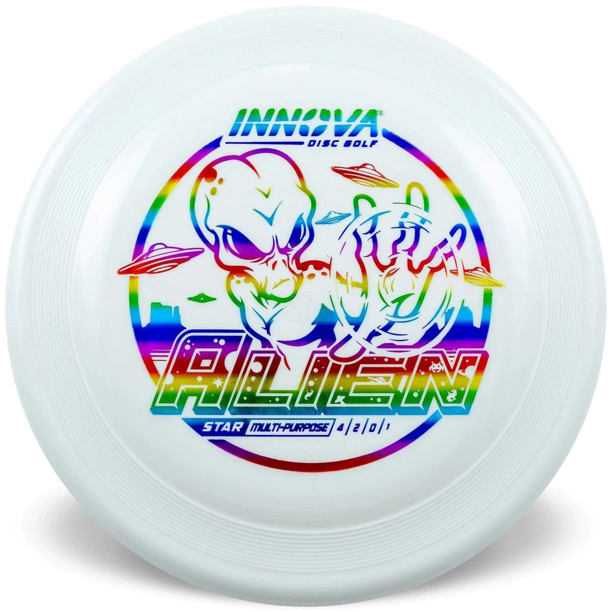 White disc golf disc with alien graphic.