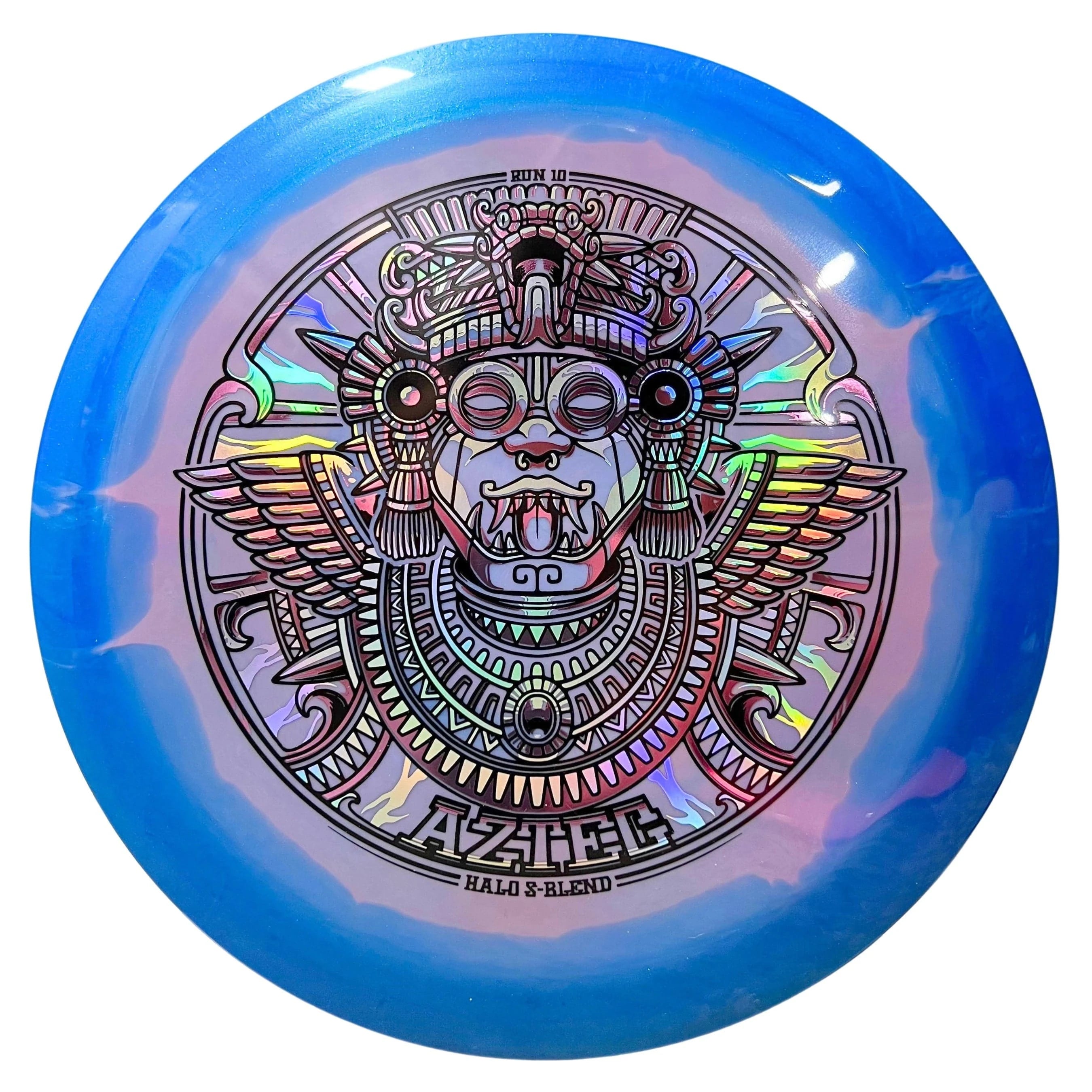 Blue disc golf disc with Aztec design.