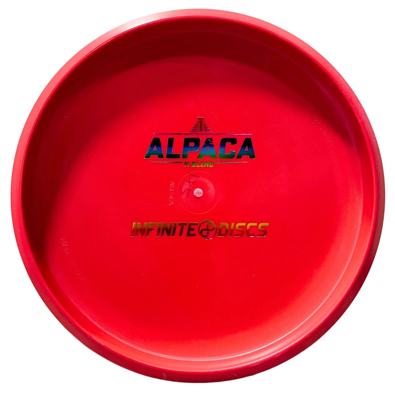 Red disc golf disc with Alpaca logo.