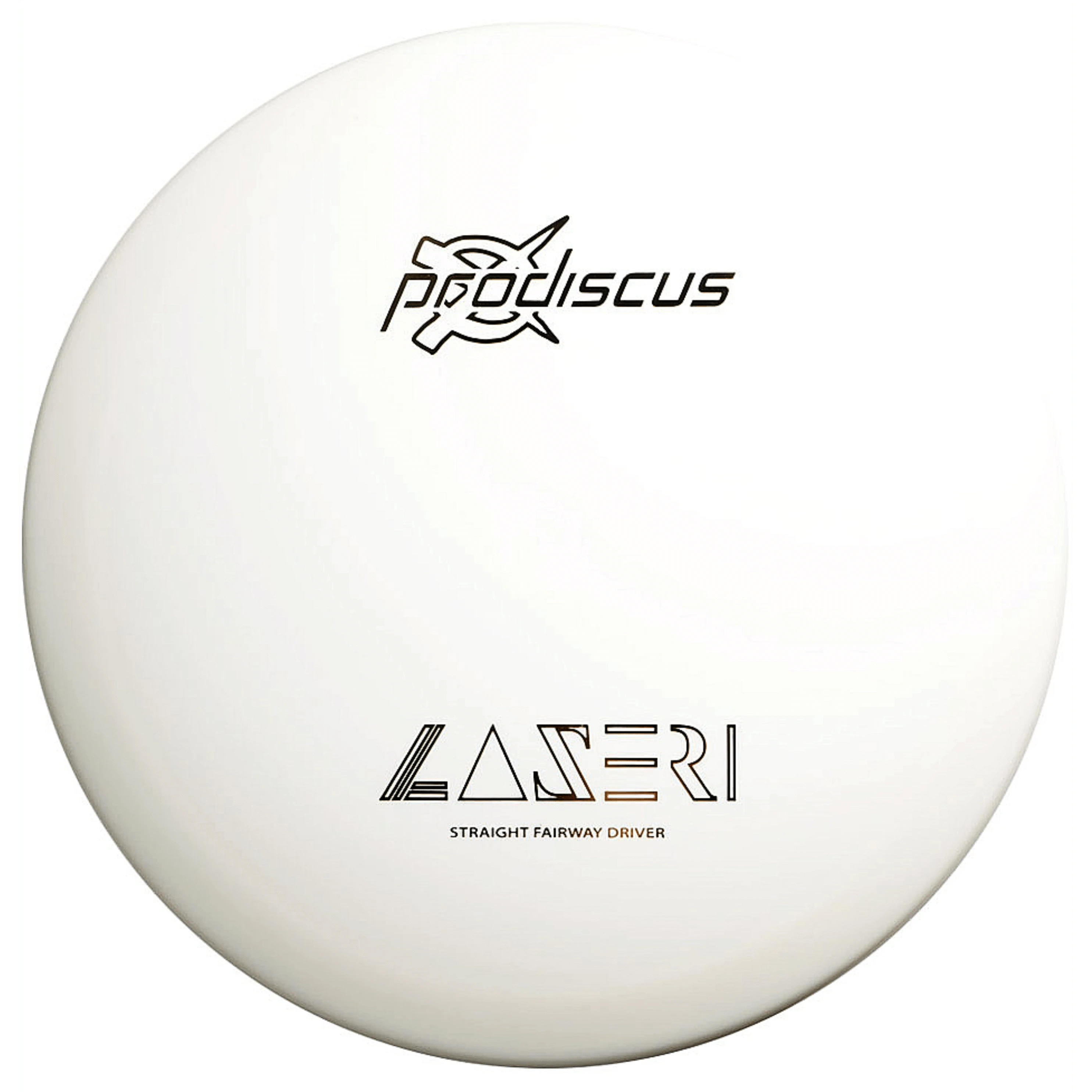 White disc golf disc with black text.