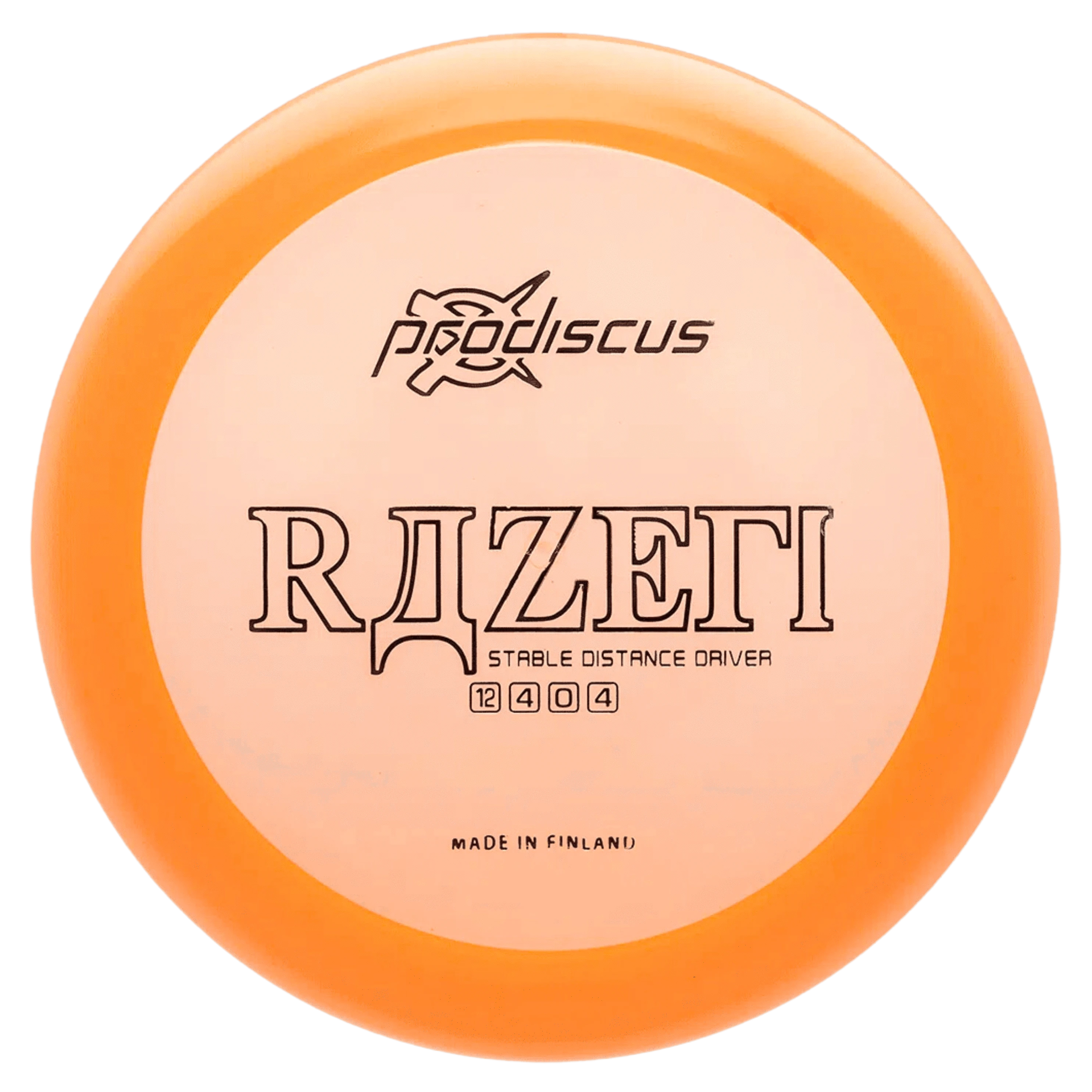 Orange and white disc golf disc with text.