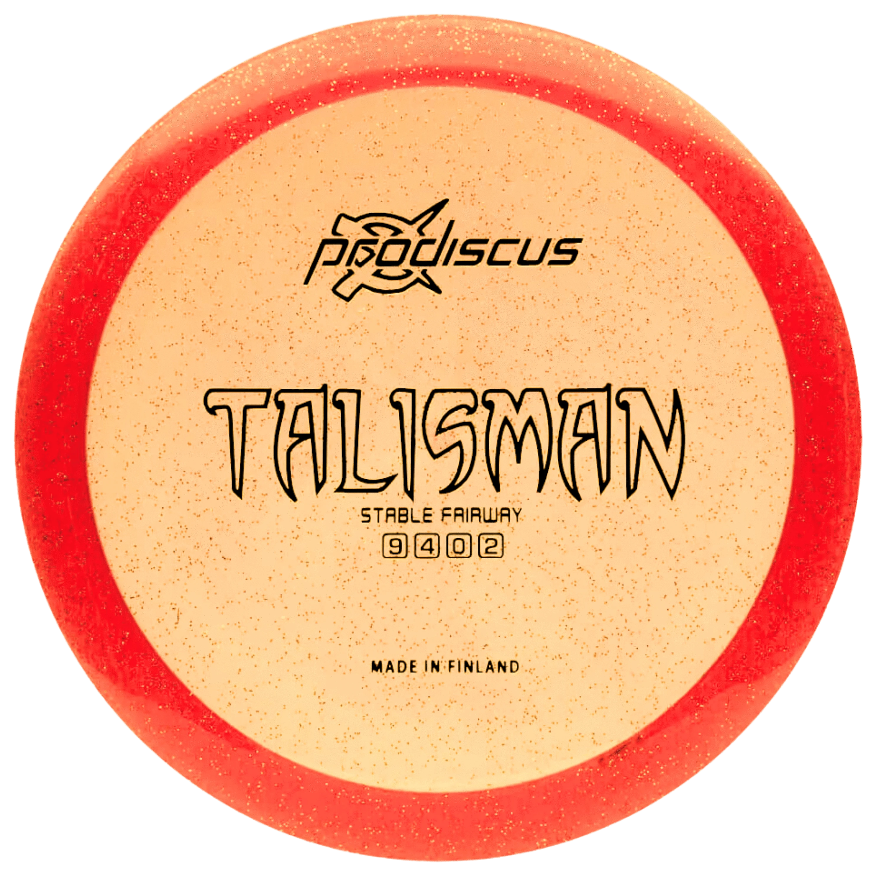 Disc golf disc with red rim and text.