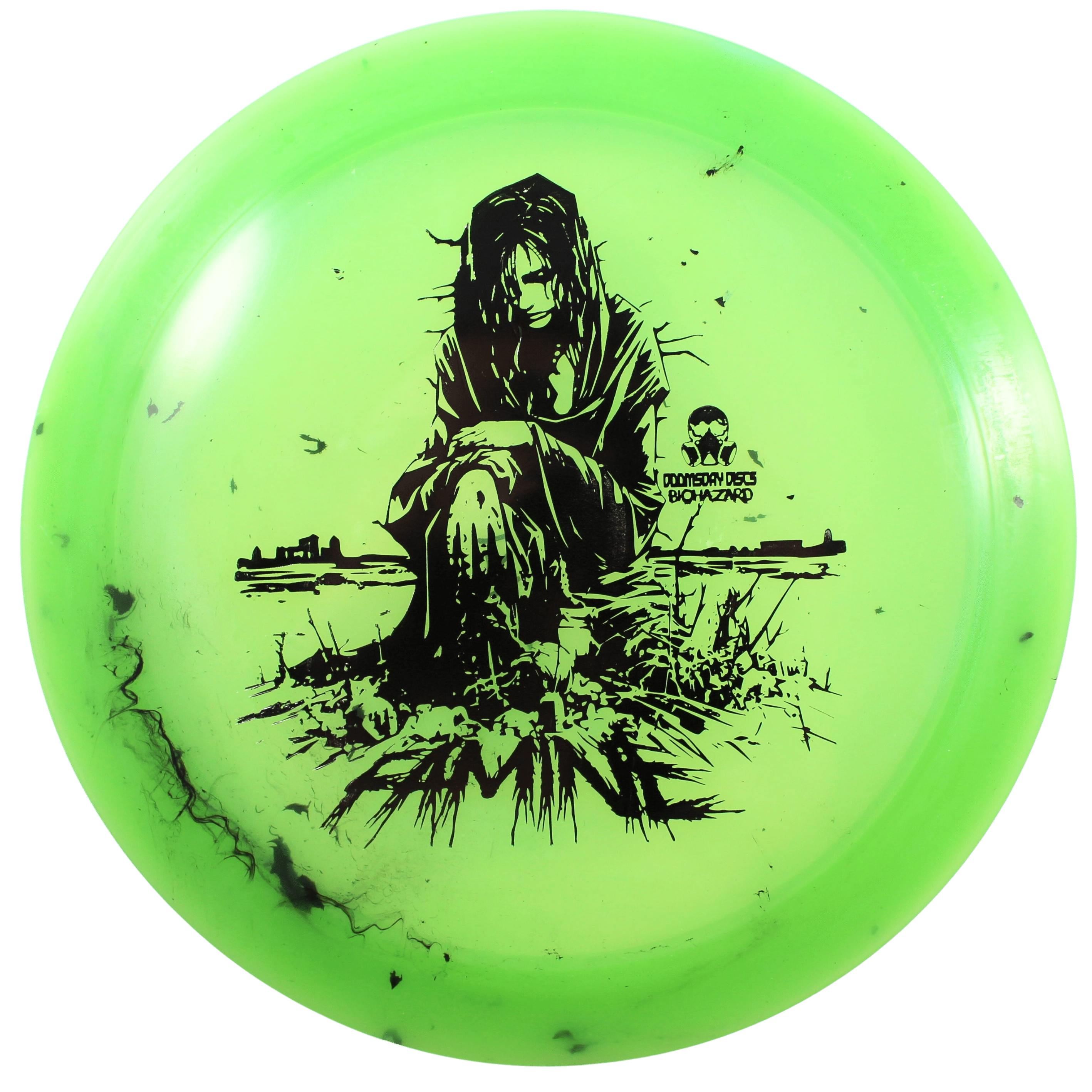 Green disc golf disc with a seated figure design.