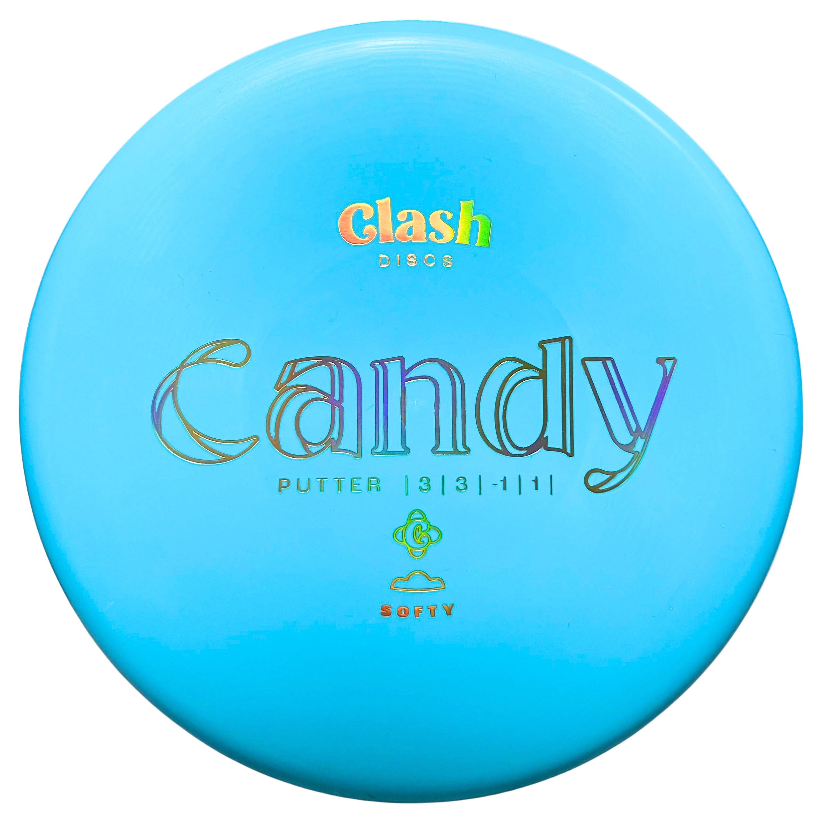 Light blue disc golf disc with Candy text.