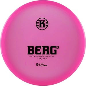 Pink disc golf disc with black text and logo.