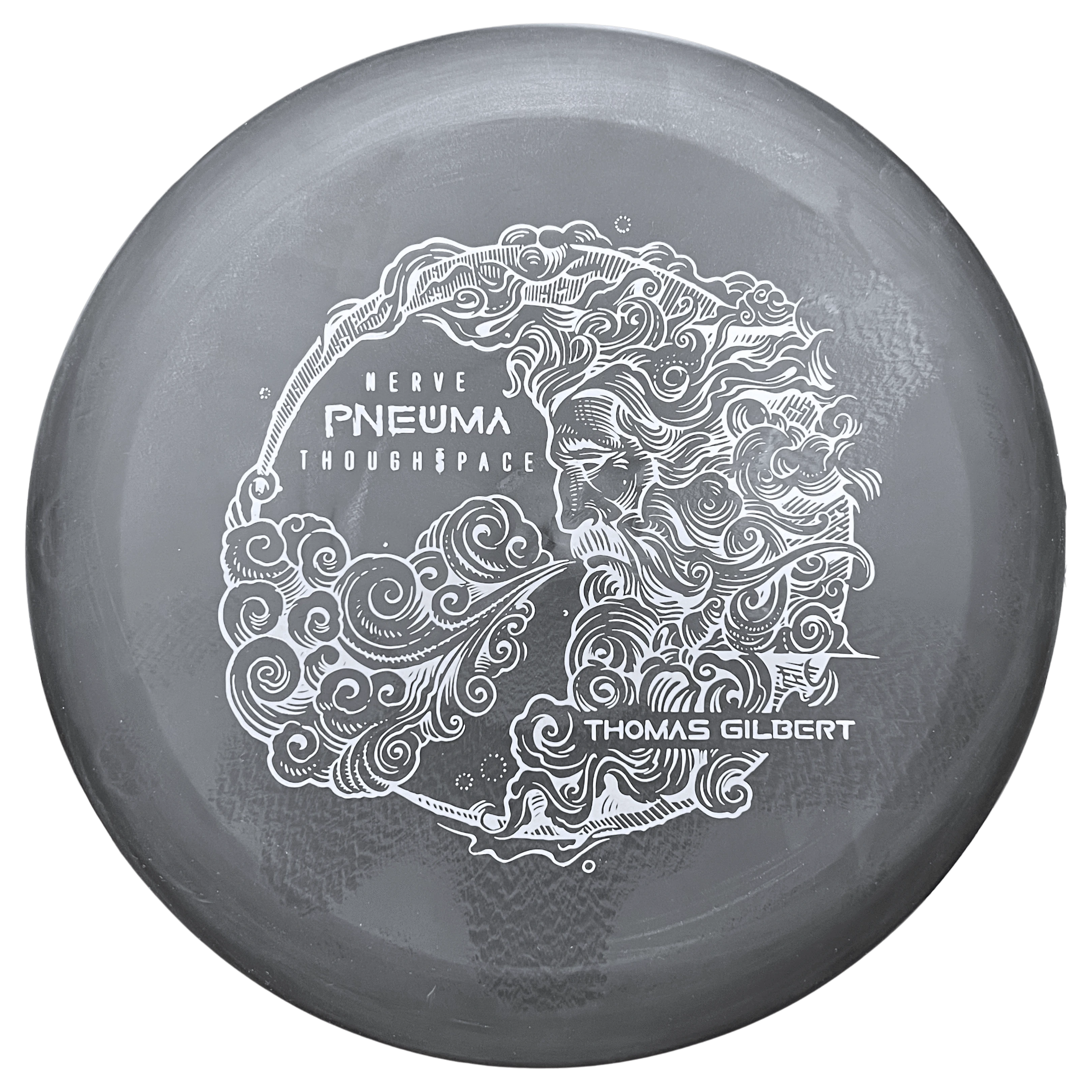 Gray disc with white illustration of a face and text.