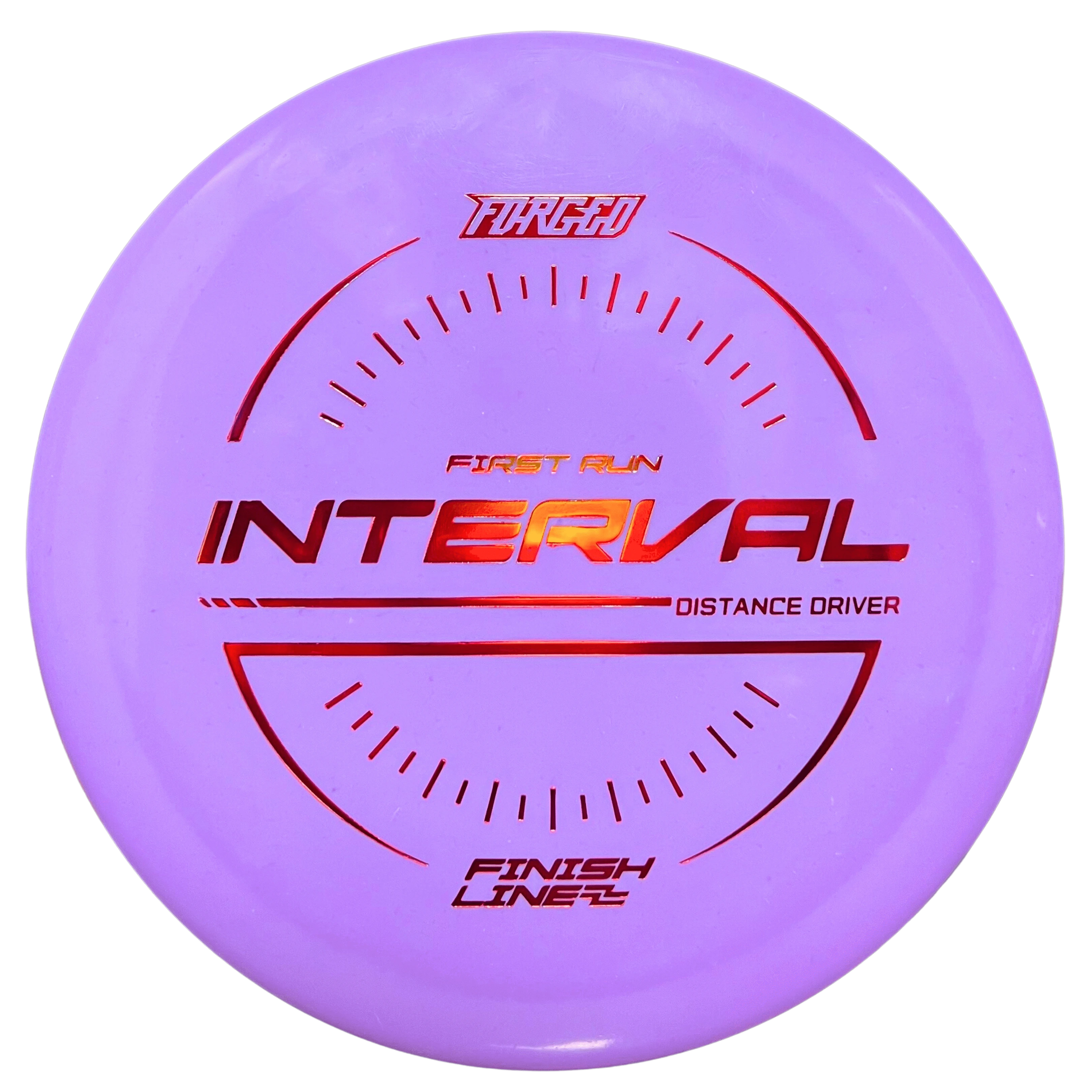 Purple disc golf disc with red text.